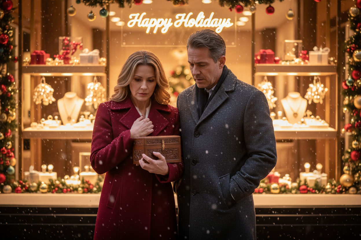 A couple stands outside a jewelry store at dusk, the woman holding a closed wooden jewelry box, both looking thoughtful about whether to sell their estate jewelry as the store window glows with holiday lights and a 'Happy Holidays' sign