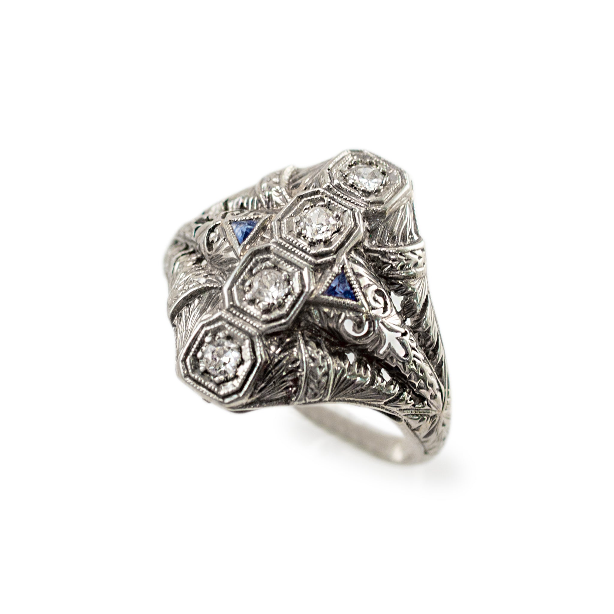 Antique Art Deco Filigreed 18K White Gold Four Diamond Sapphire Cocktail Ring