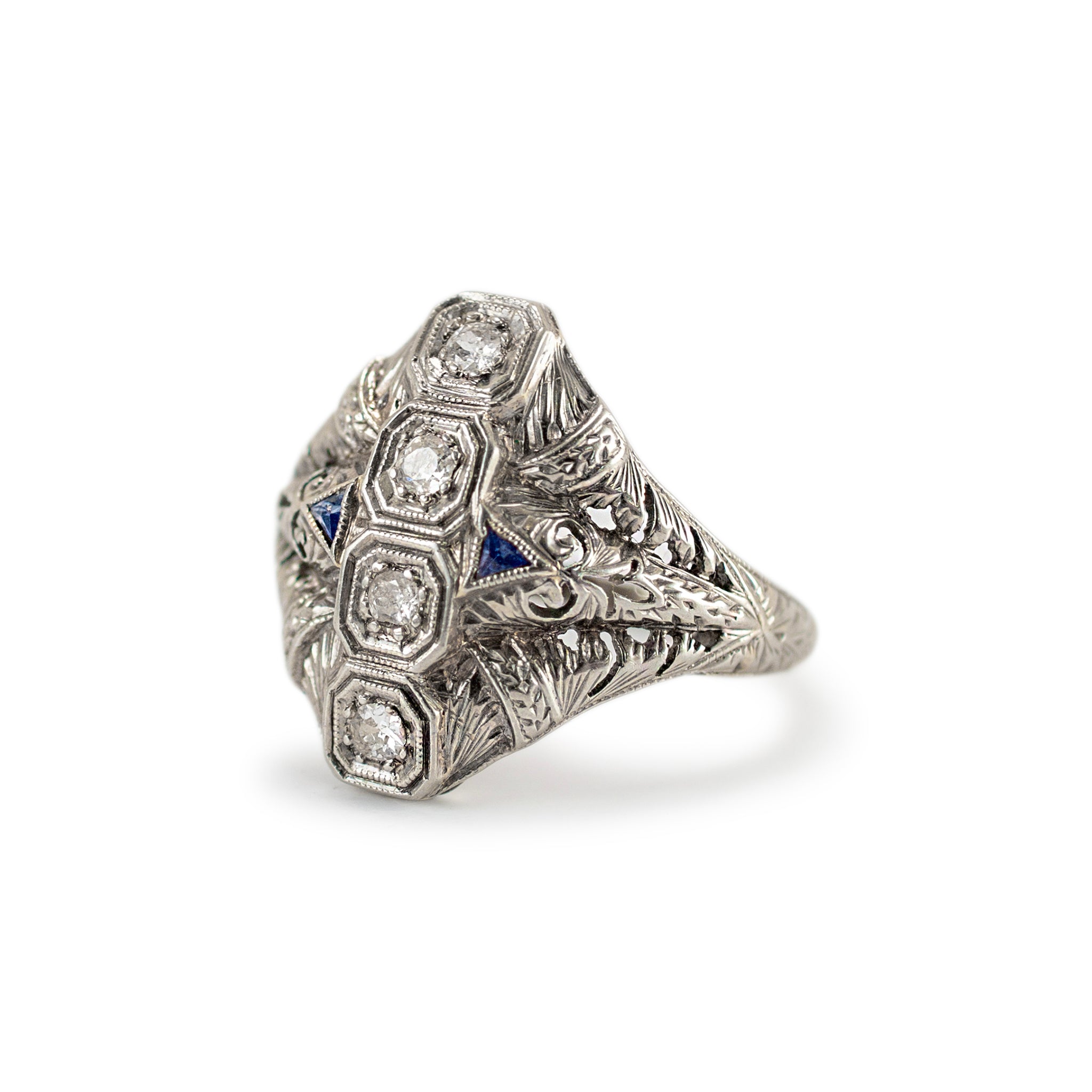 Antique Art Deco Filigreed 18K White Gold Four Diamond Sapphire Cocktail Ring