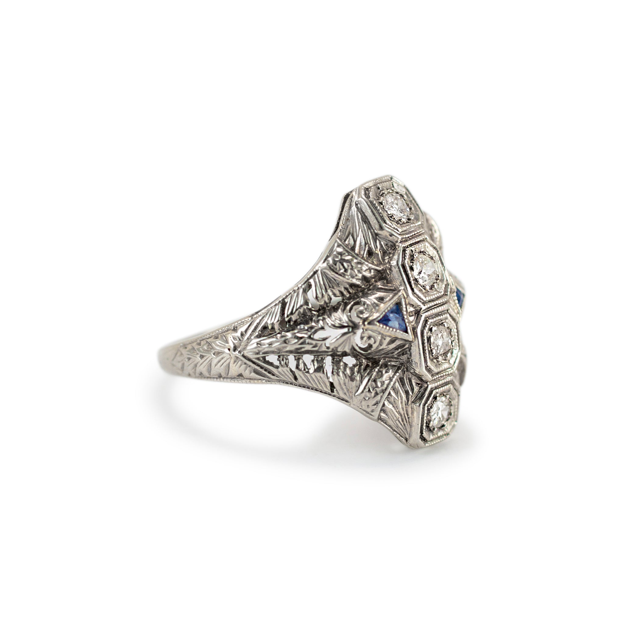 Antique Art Deco Filigreed 18K White Gold Four Diamond Sapphire Cocktail Ring