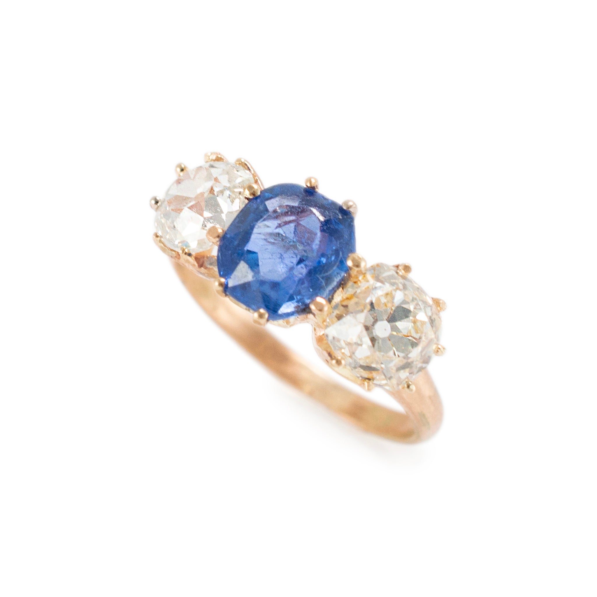 Antique 14K Yellow Gold Oval Burma Sapphire Three Stone Diamond Cocktail Ring