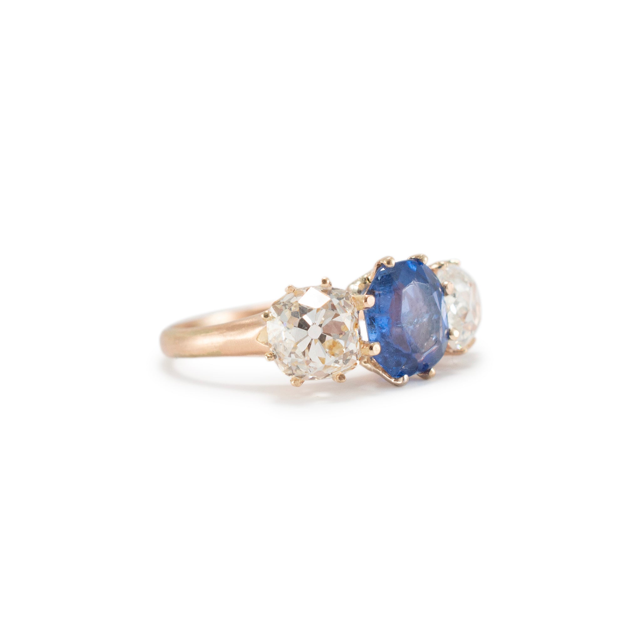 Antique 14K Yellow Gold Oval Burma Sapphire Three Stone Diamond Cocktail Ring