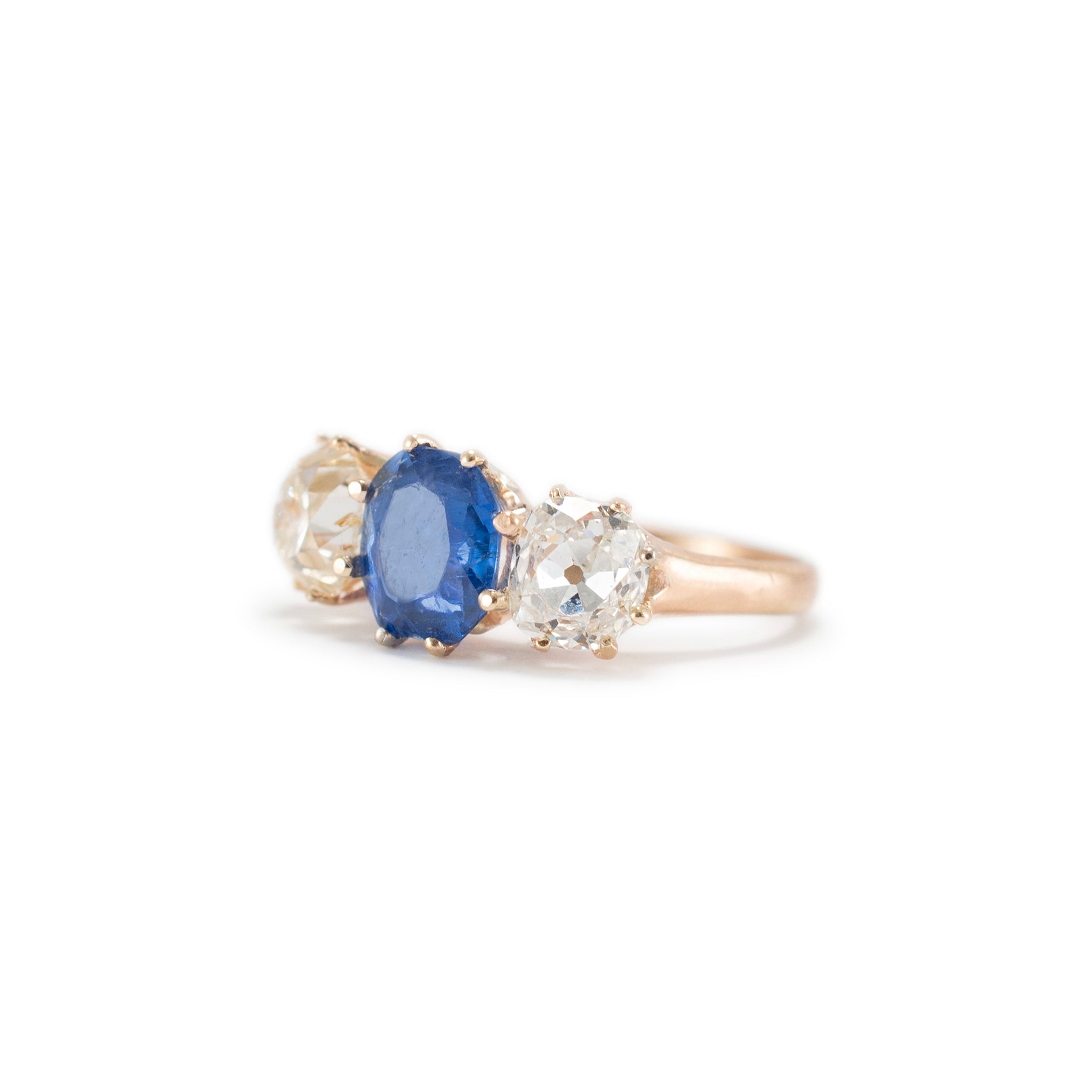 Antique 14K Yellow Gold Oval Burma Sapphire Three Stone Diamond Cocktail Ring