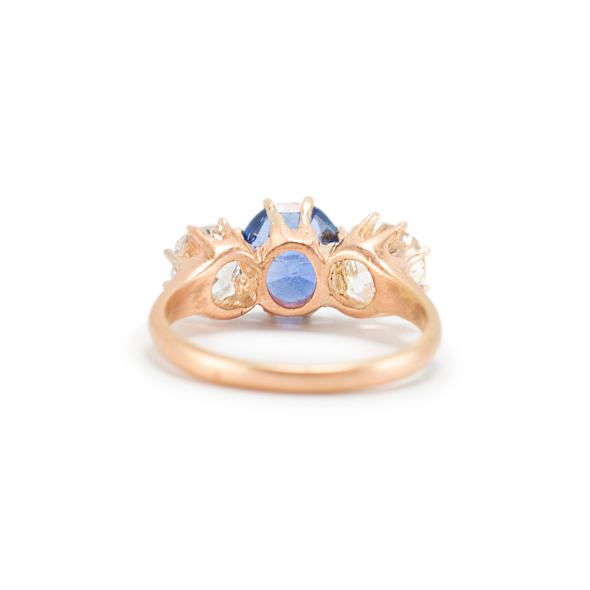 Antique 14K Yellow Gold Oval Burma Sapphire Three Stone Diamond Cocktail Ring