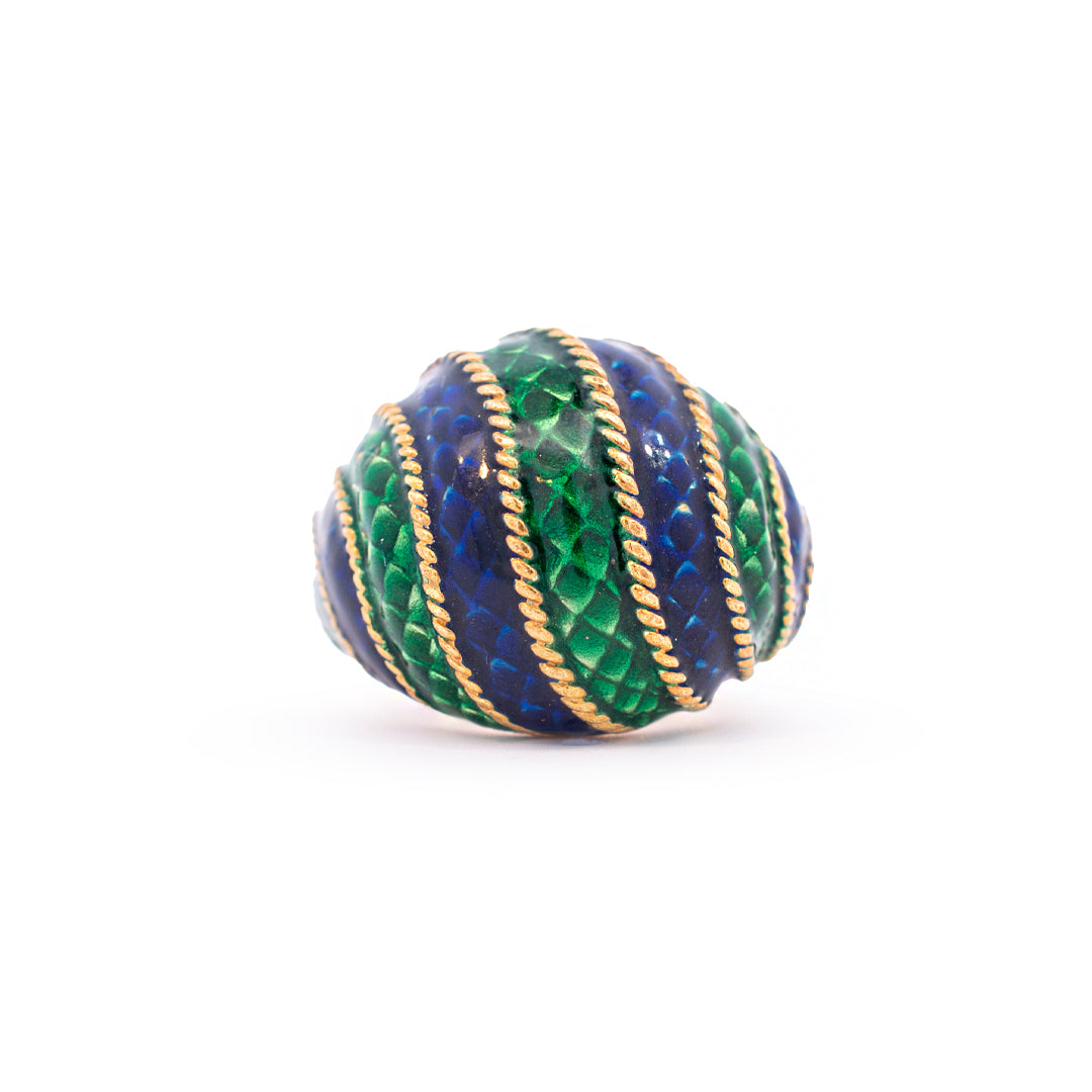 Ladies Vintage 18K Yellow Gold Blue & Green Enamel Ring