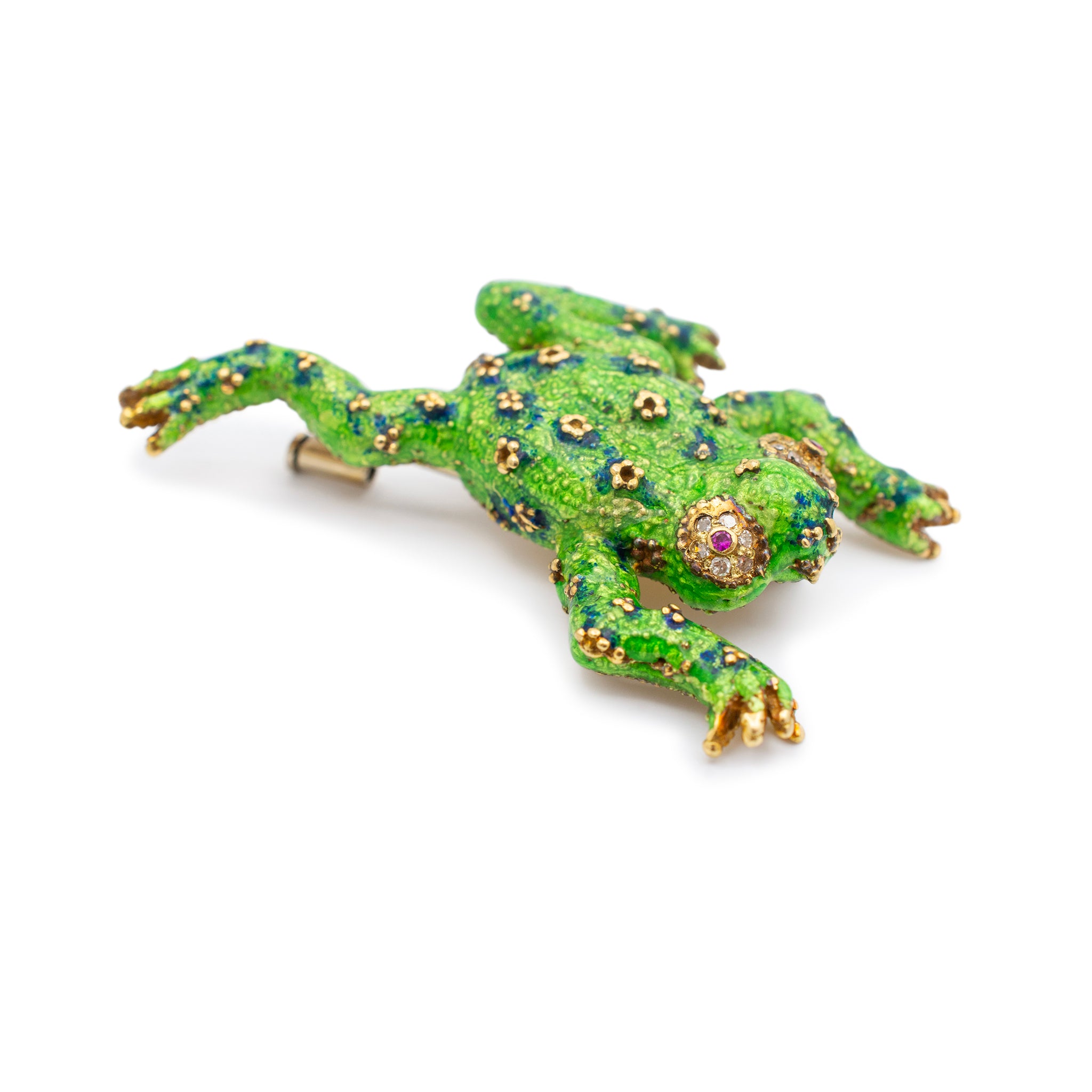 Merrin Vintage 18K Yellow Gold Ruby & Diamond Frog Enamel Brooch / Pin