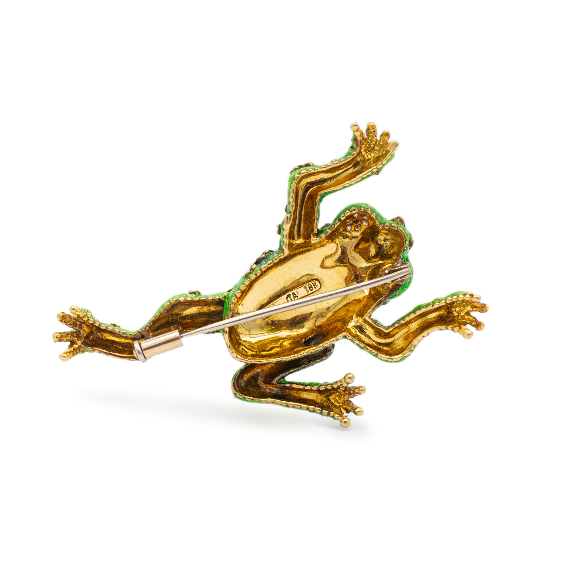 Merrin Vintage 18K Yellow Gold Ruby & Diamond Frog Enamel Brooch / Pin