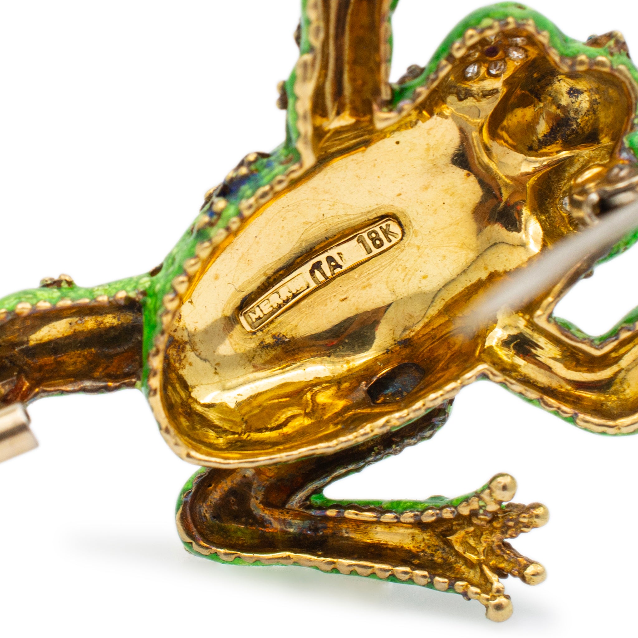 Merrin Vintage 18K Yellow Gold Ruby & Diamond Frog Enamel Brooch / Pin