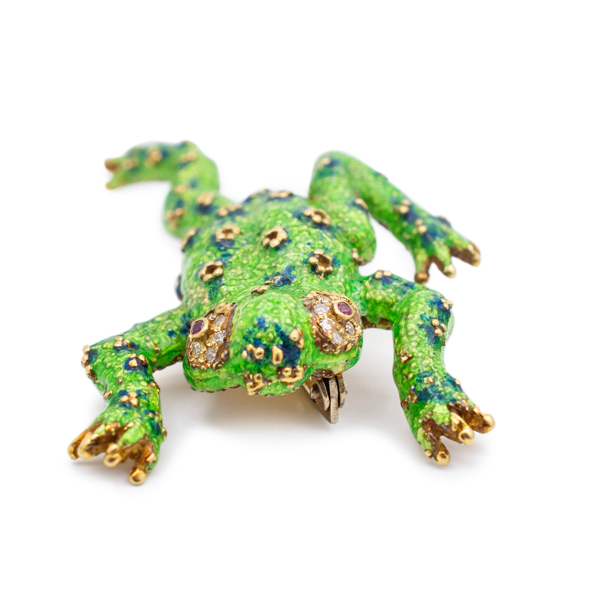 Merrin Vintage 18K Yellow Gold Ruby & Diamond Frog Enamel Brooch / Pin