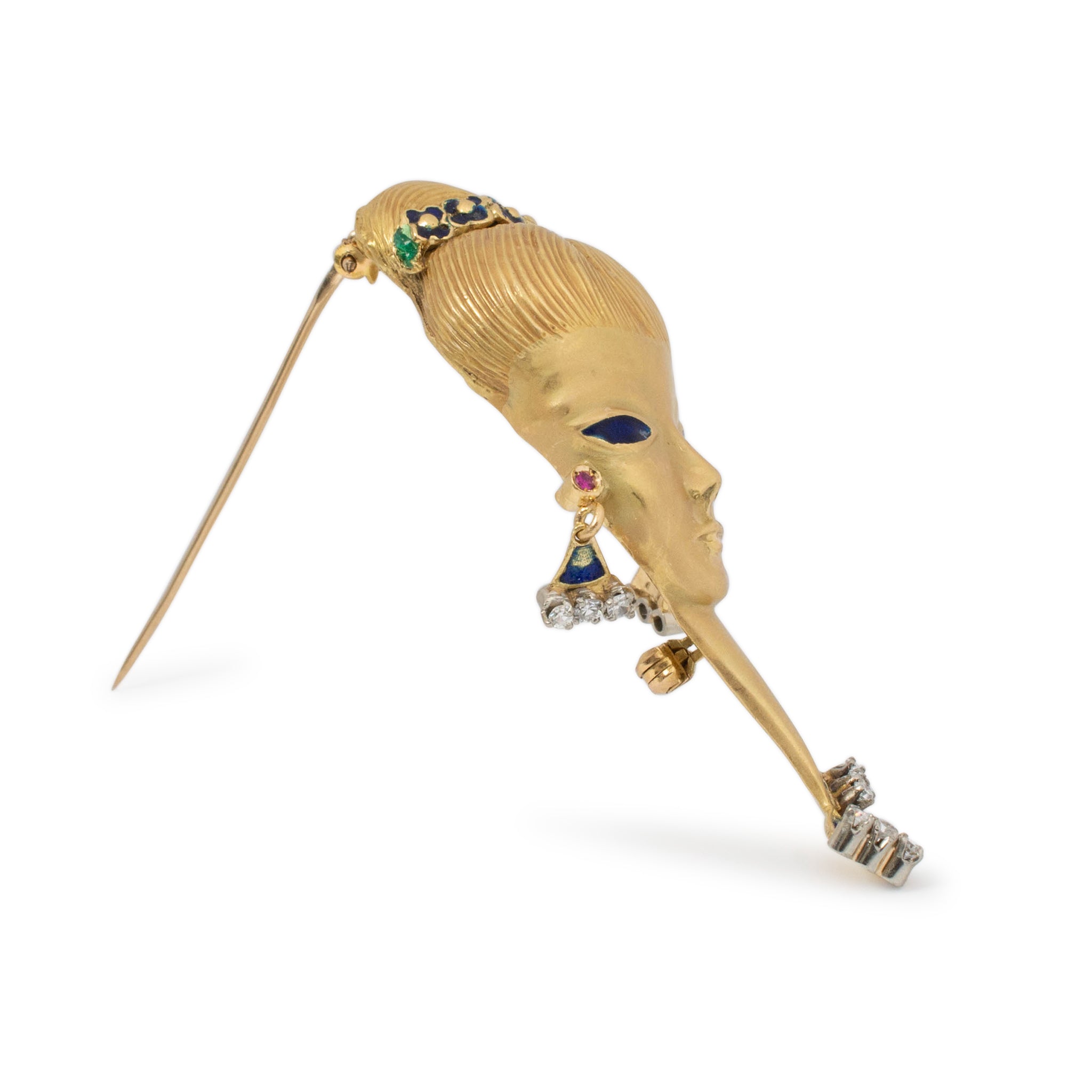 Vintage 18K Yellow Gold Diamond Blue Enamel Lady in Blue Pin Brooch