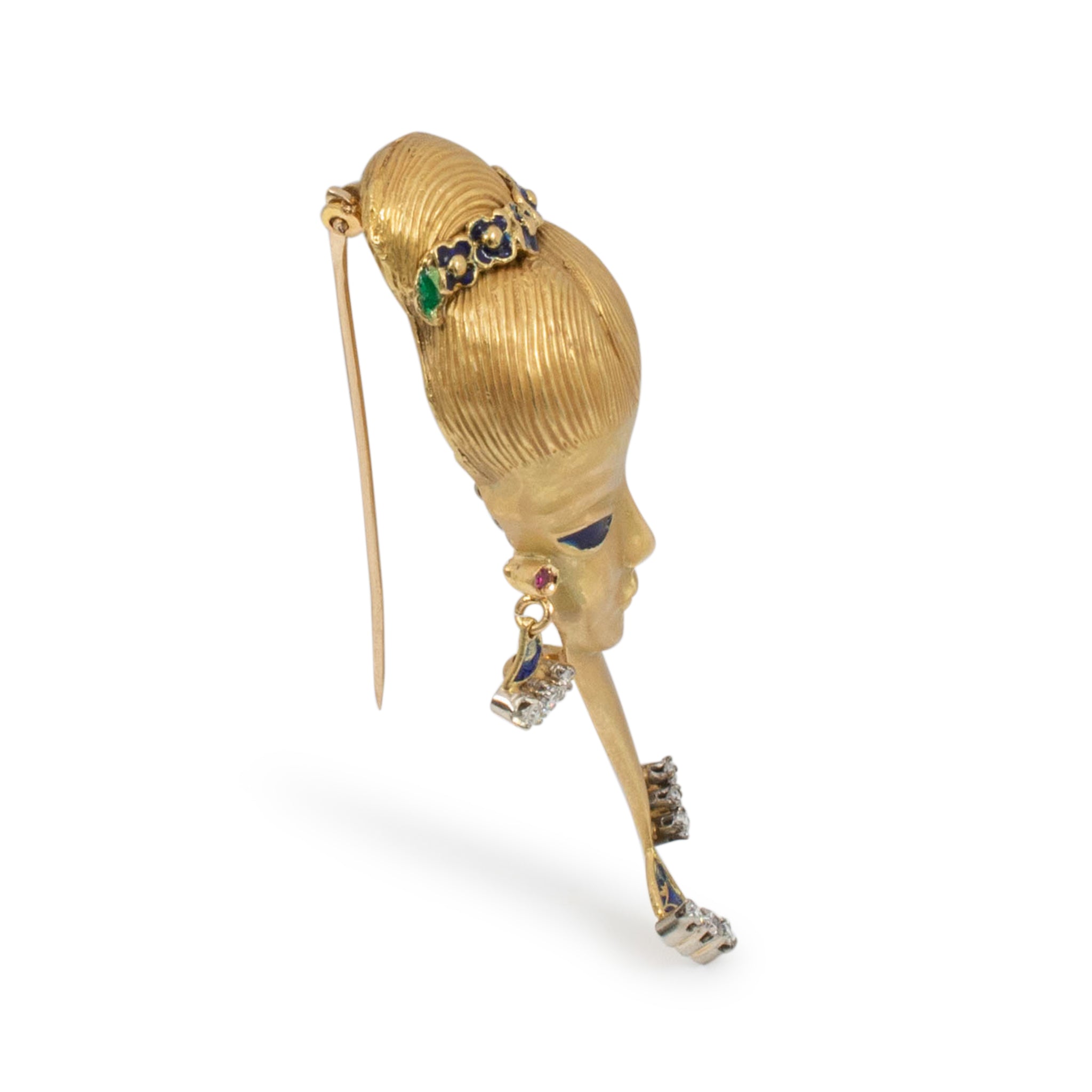 Vintage 18K Yellow Gold Diamond Blue Enamel Lady in Blue Pin Brooch