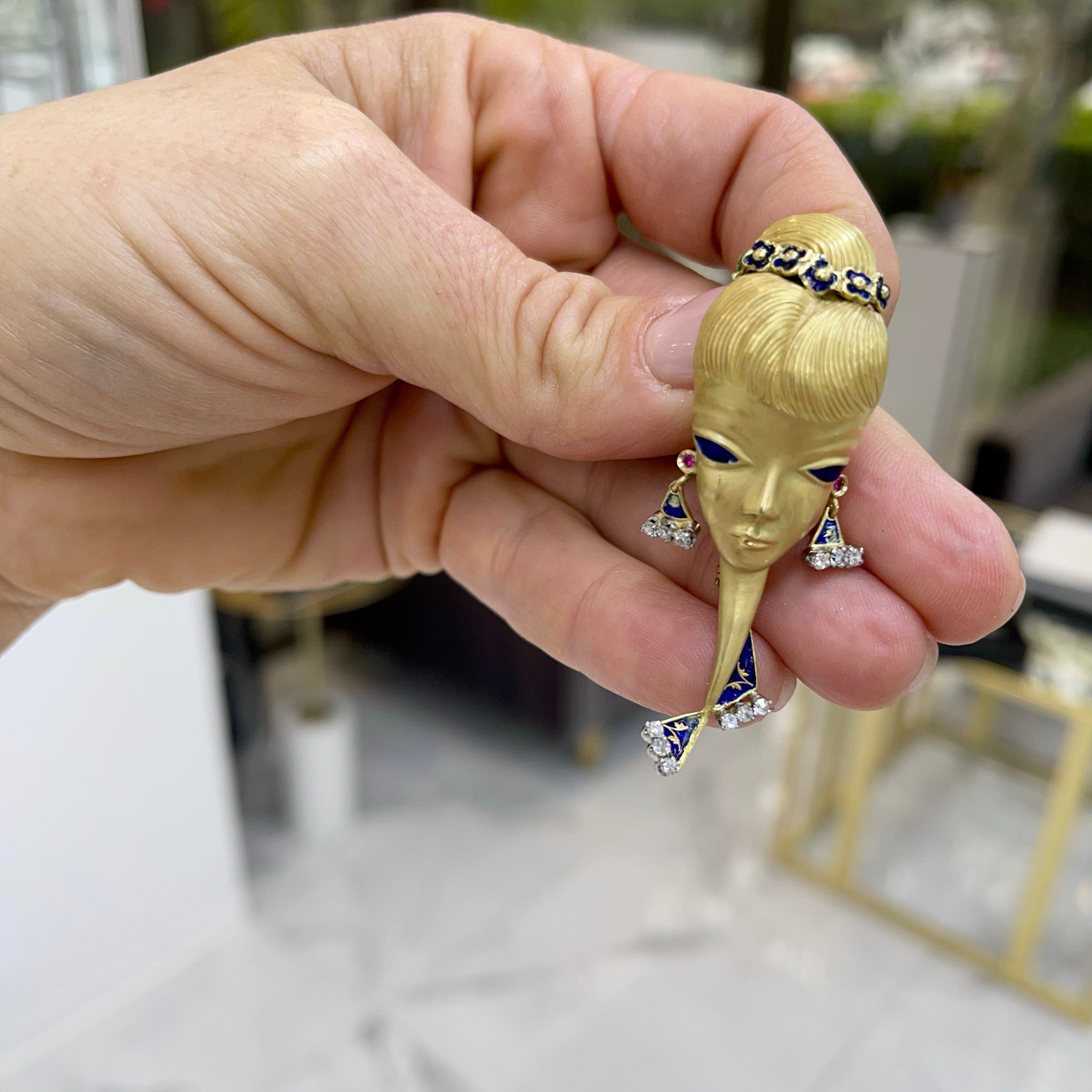 Vintage 18K Yellow Gold Diamond Blue Enamel Lady in Blue Pin Brooch