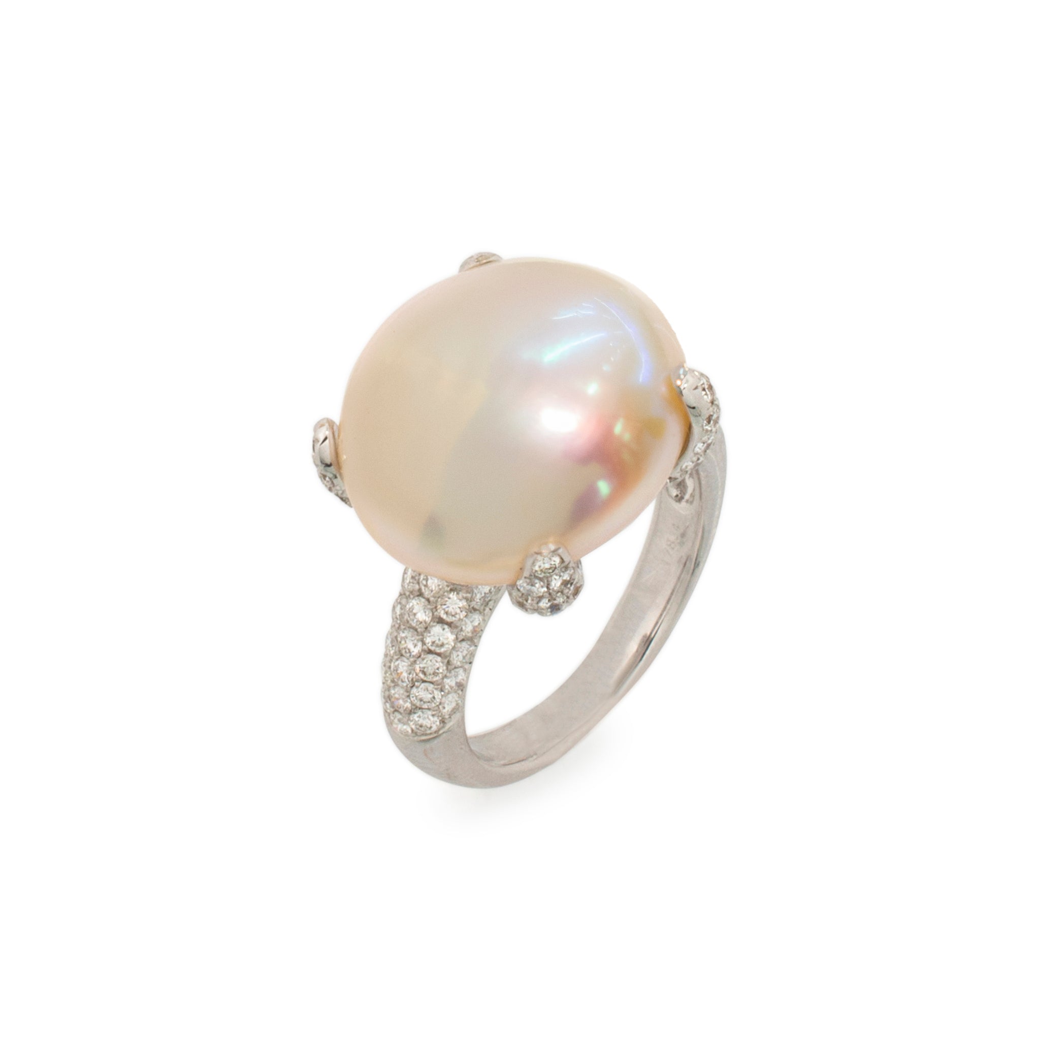 Ladies Vintage 18K White Gold Pearl & Diamonds Cocktail Ring