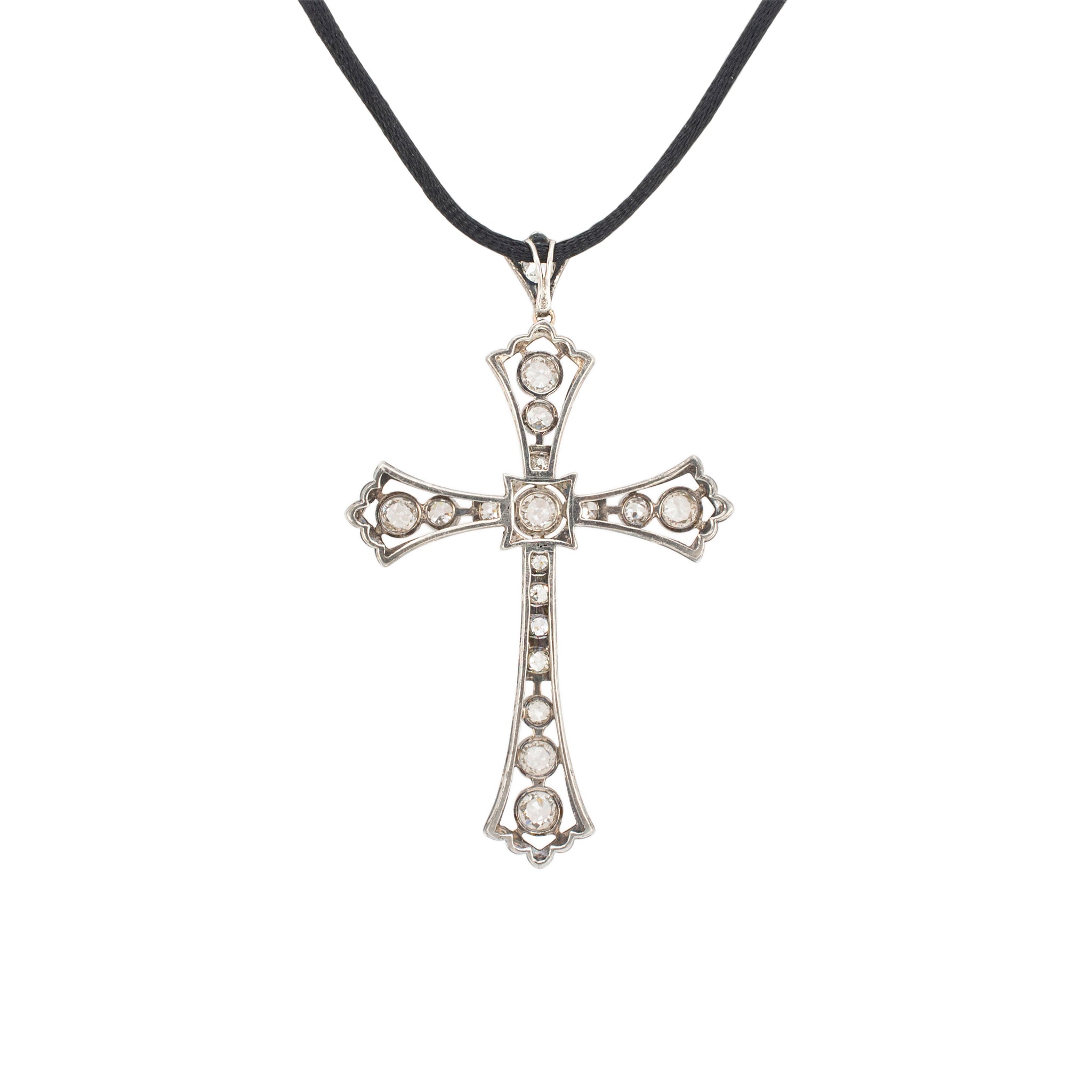 Ladies Victorian Antique Sterling Silver Old Cuts Diamond Cross Pendant Black Rope Necklace