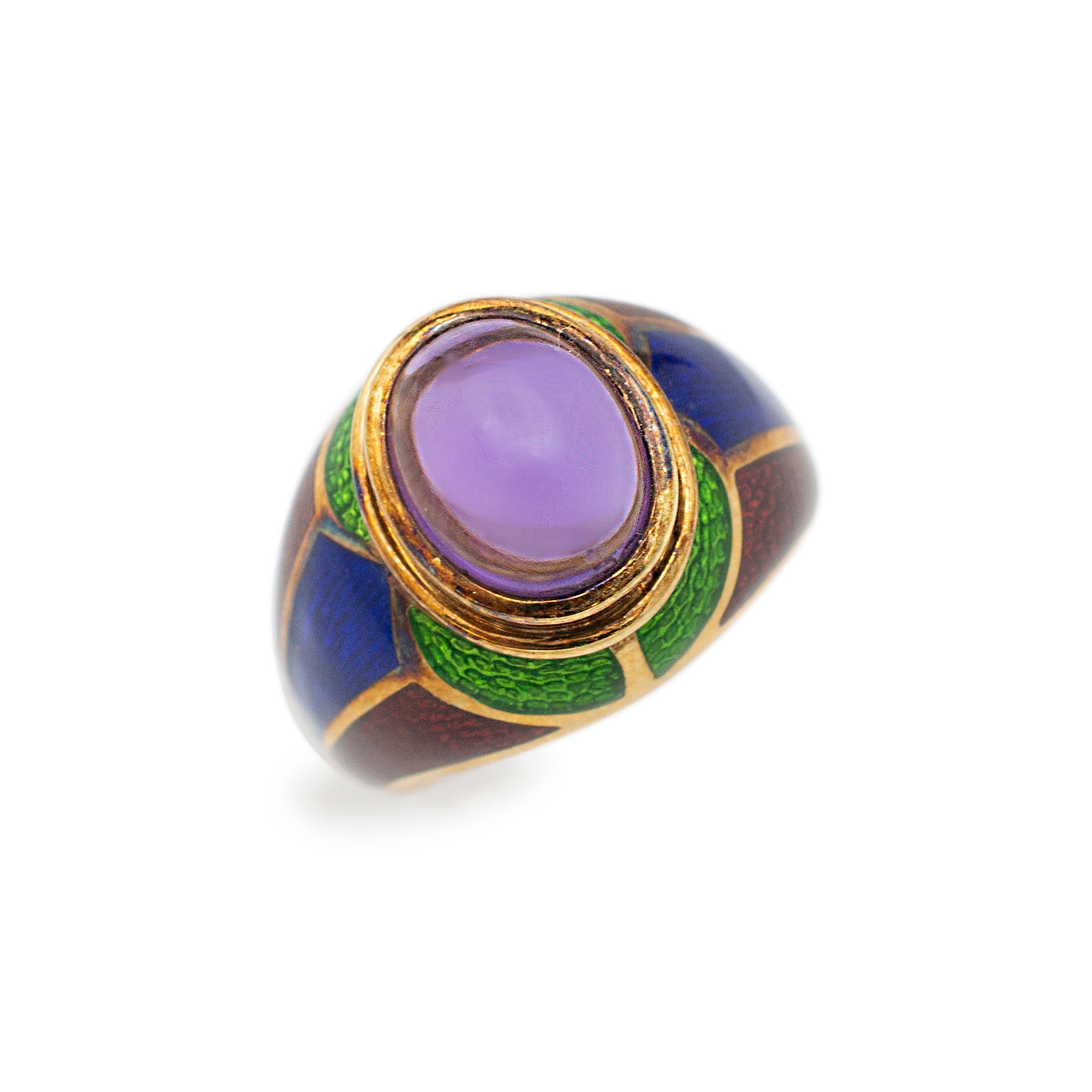 Vintage Mavito New York 18 Karat Yellow Gold Amethyst, Blue and Green Enamel Cocktail Ring