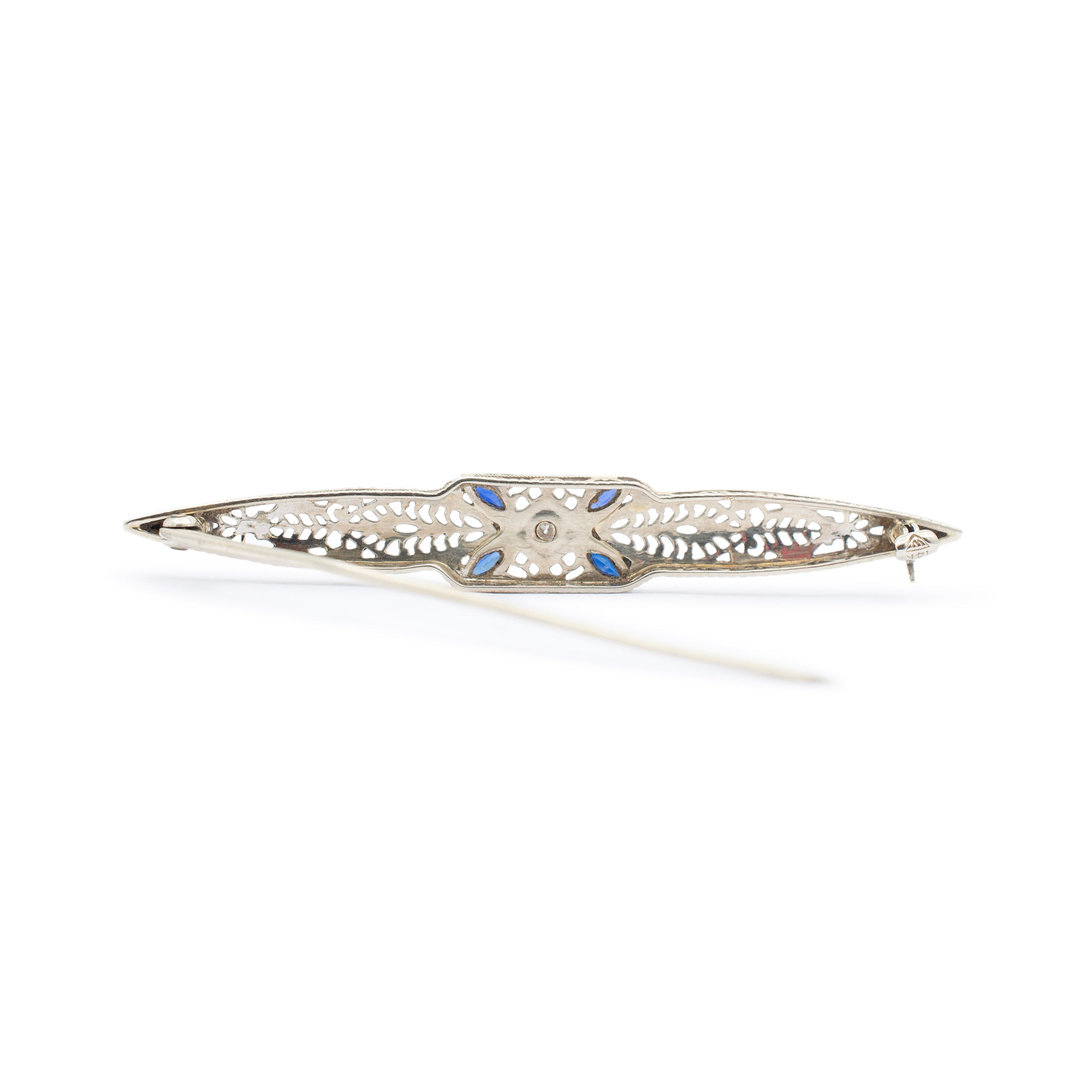 Antique Art Deco 14K White Gold Filigreed Diamond Sapphires Brooch