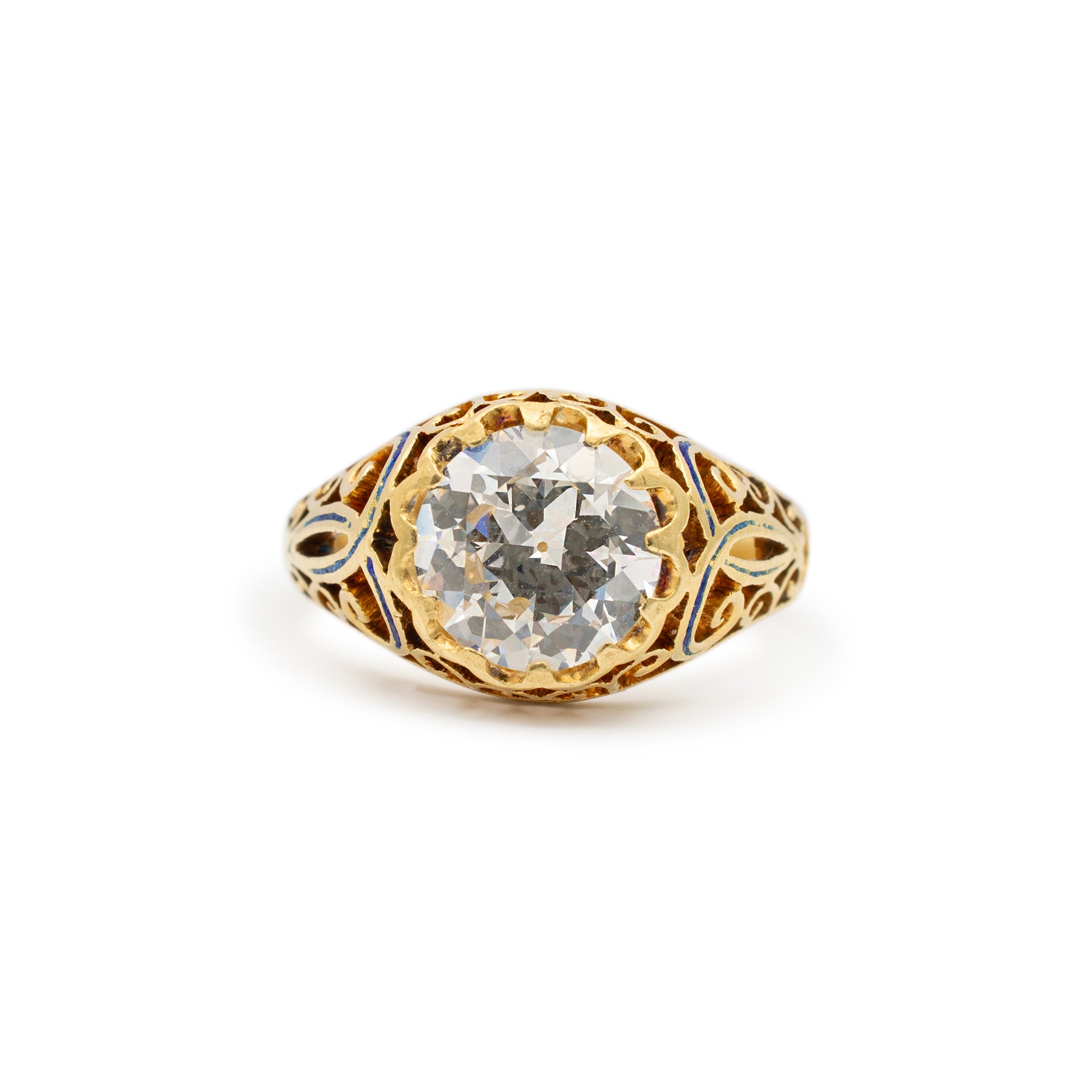 Ladies Antique Victorian 18K Yellow Gold GIA 2.03CT Old European Filigreed Enamel Engagement Ring