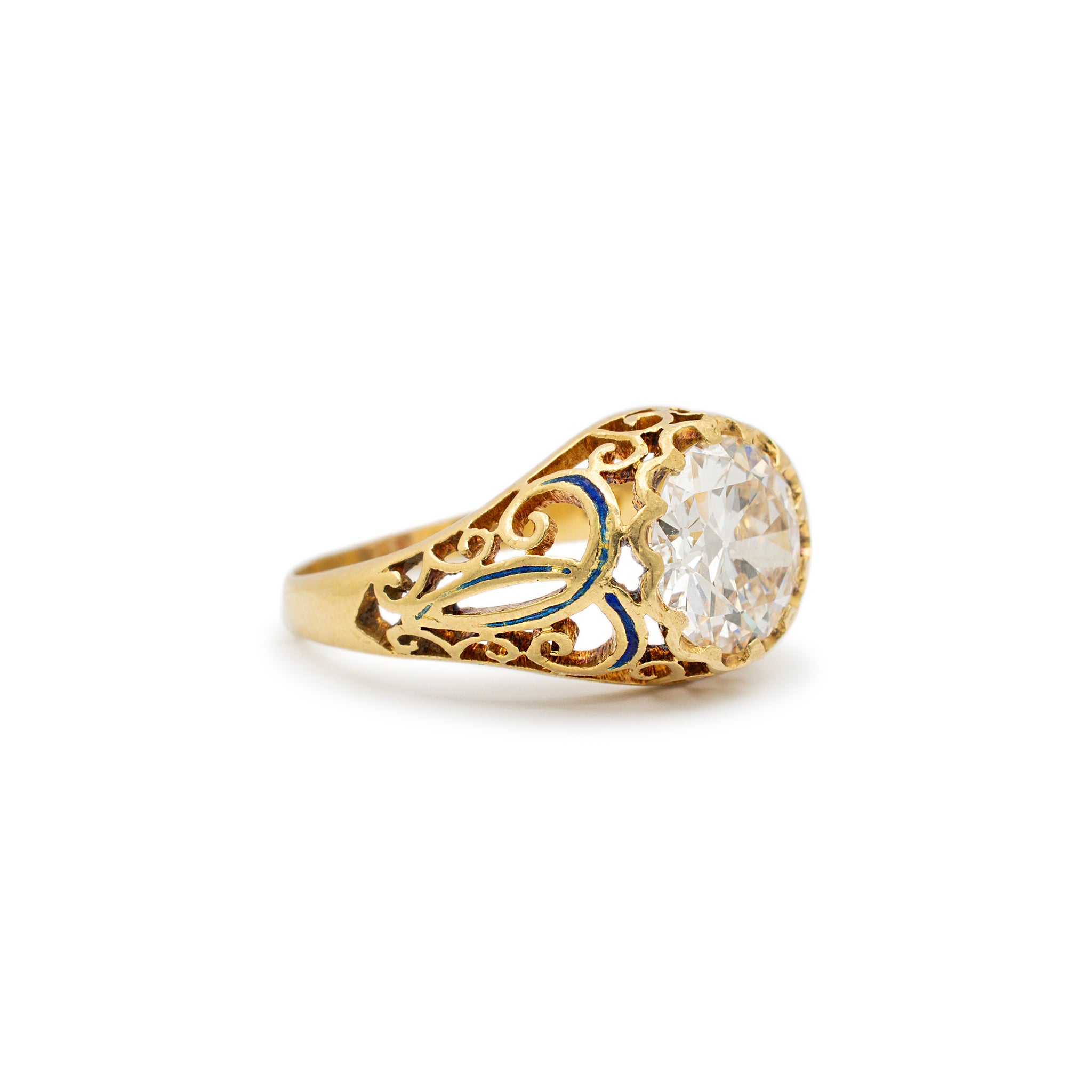 Ladies Antique Victorian 18K Yellow Gold GIA 2.03CT Old European Filigreed Enamel Engagement Ring