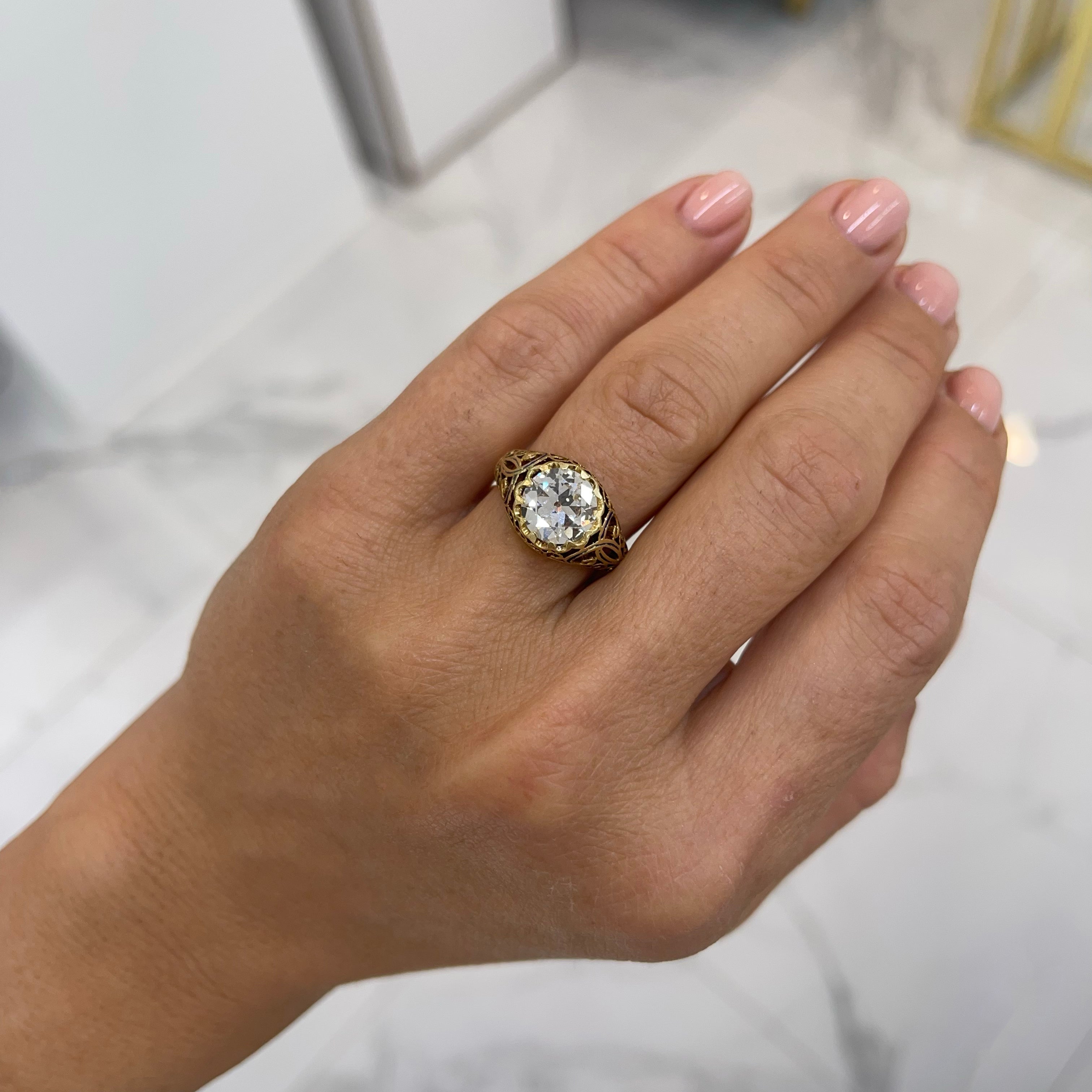 Ladies Antique Victorian 18K Yellow Gold GIA 2.03CT Old European Filigreed Enamel Engagement Ring