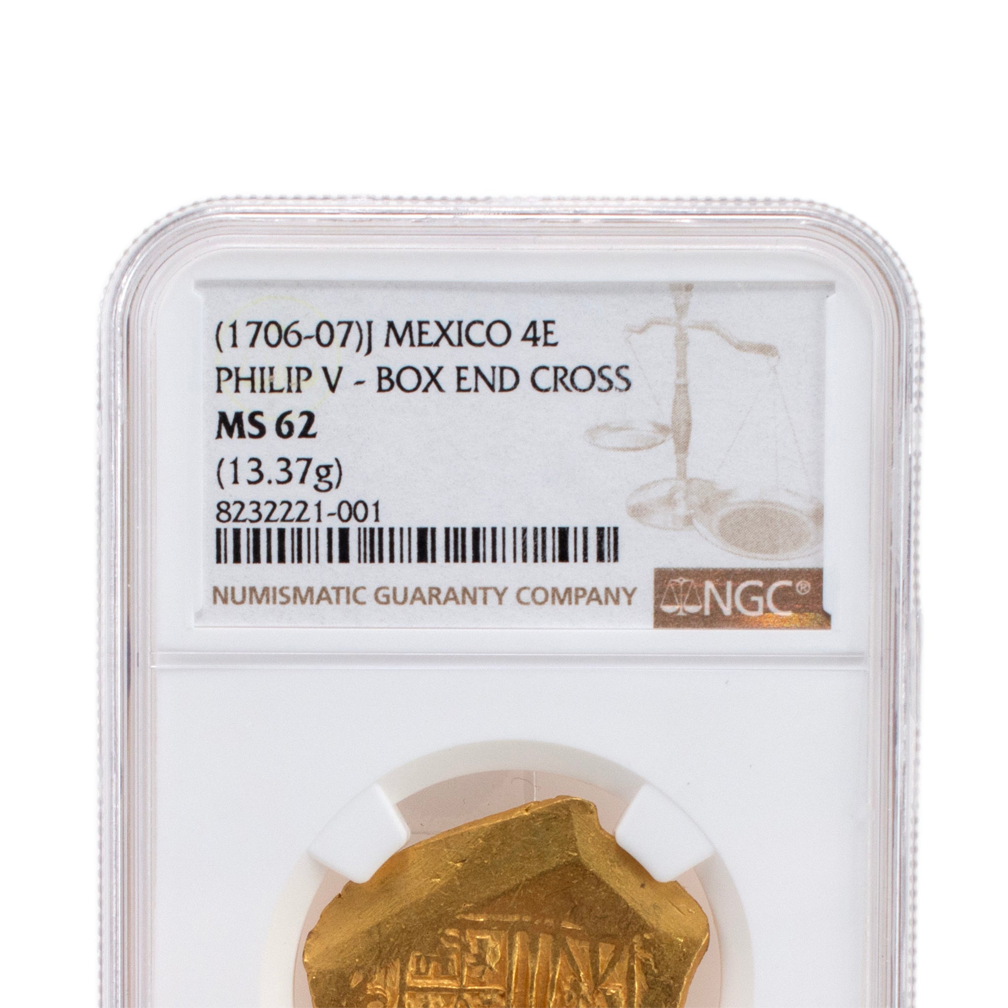 1706-1707 NGC MS62 Mexico 4 Escudos Philip V Box End Cross Ancient Gold Cob Coin