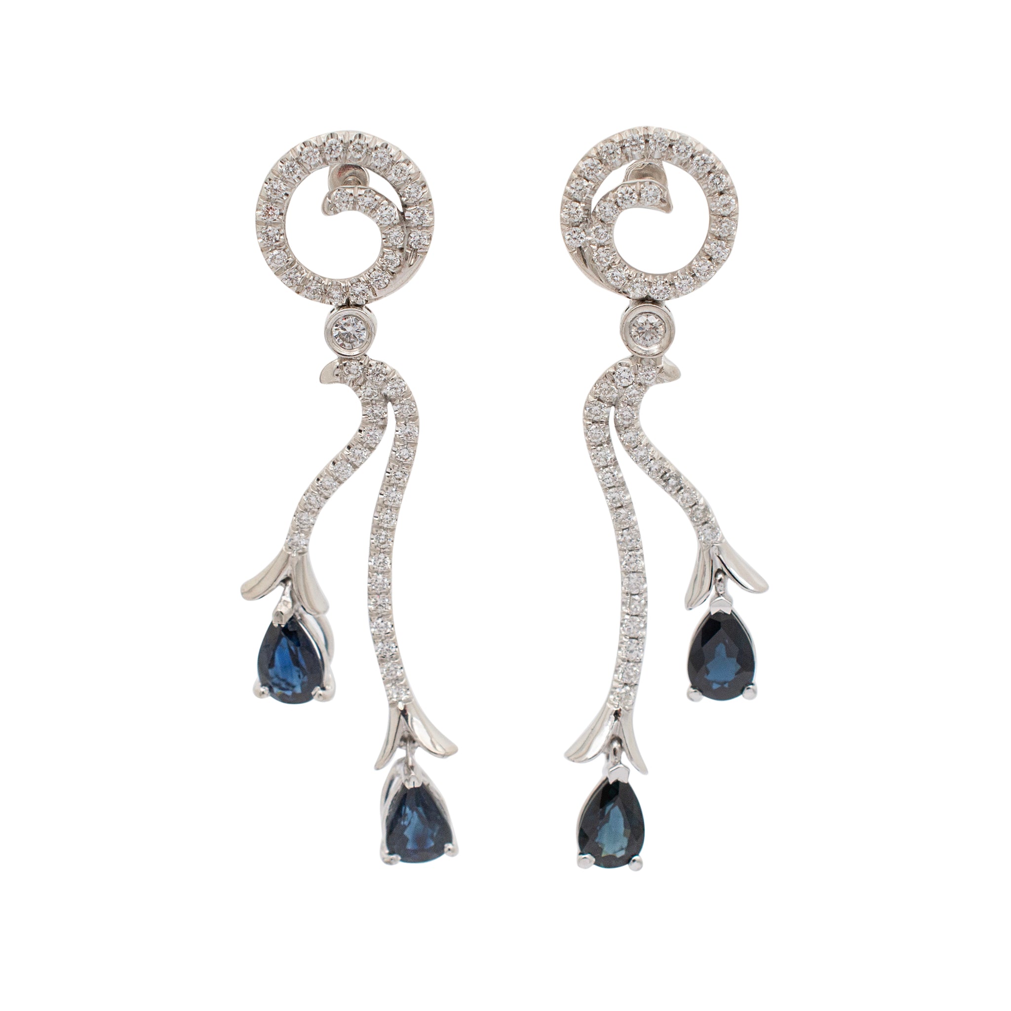 Ladies 18K White Gold Sapphire Diamond Dangle Drop Earrings