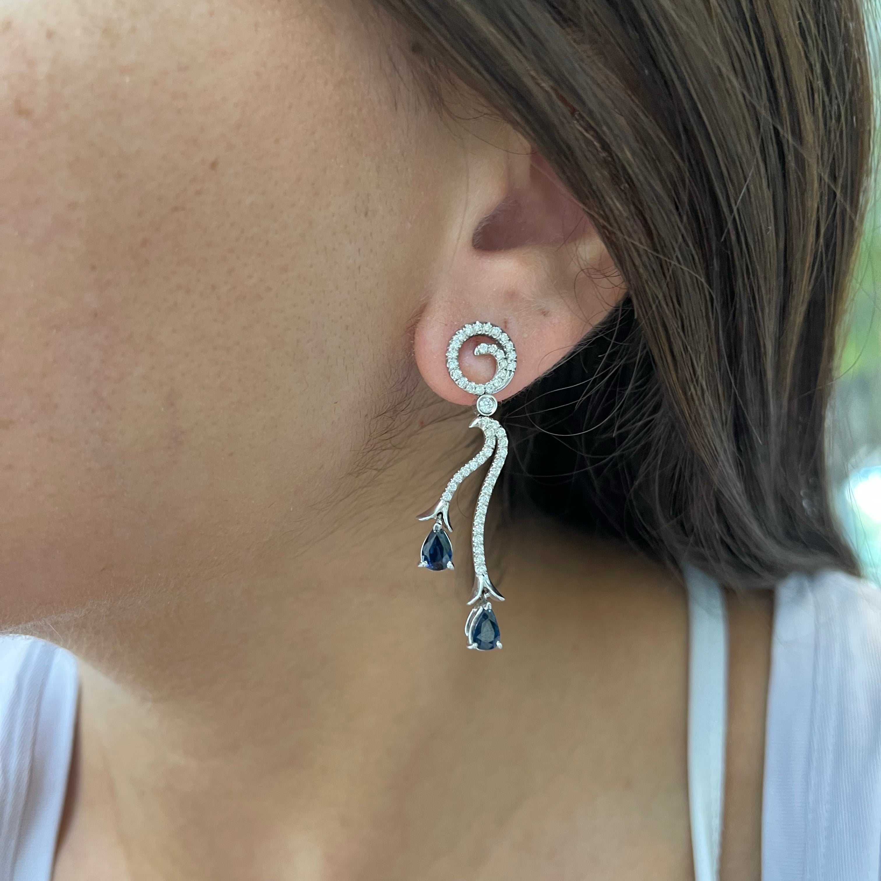 Ladies 18K White Gold Sapphire Diamond Dangle Drop Earrings