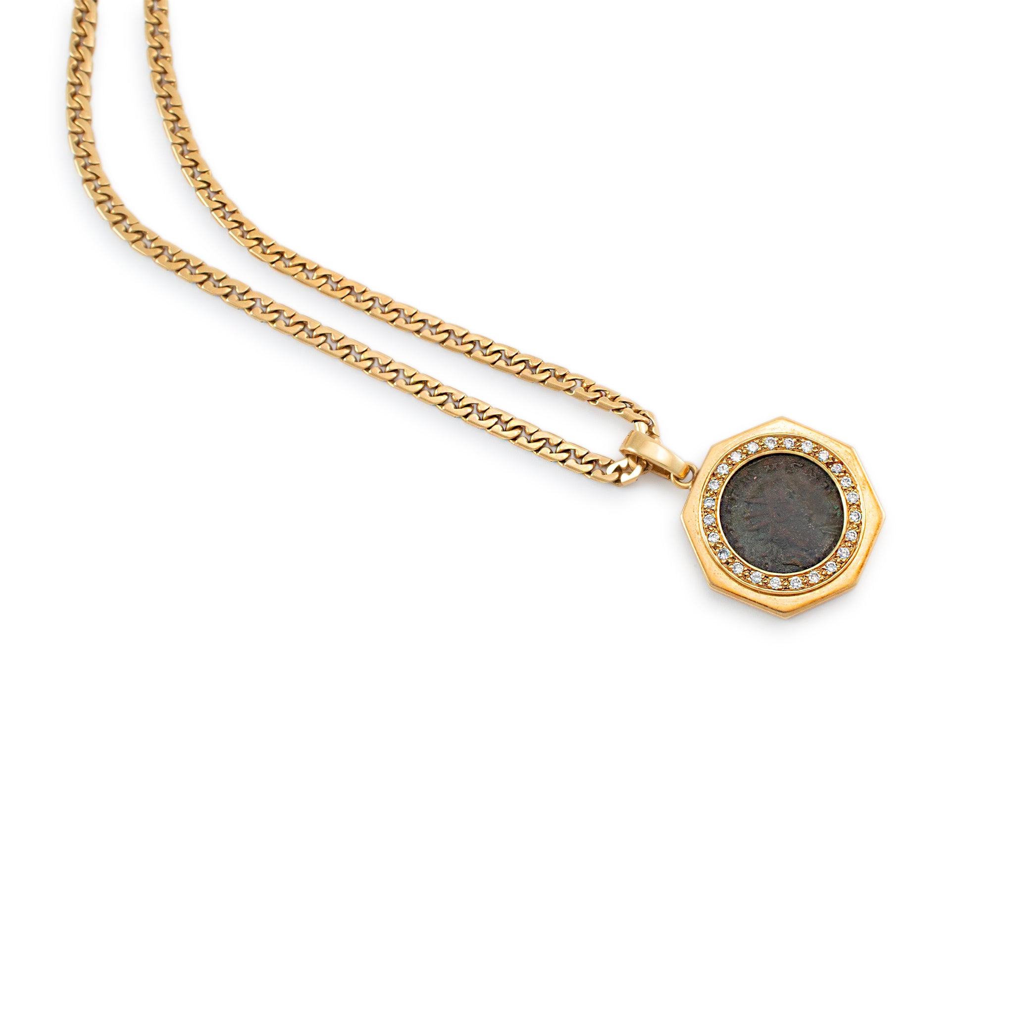 Vintage 18K Yellow Gold Ancient Coin Halo Diamond Razor Link Pendant Necklace