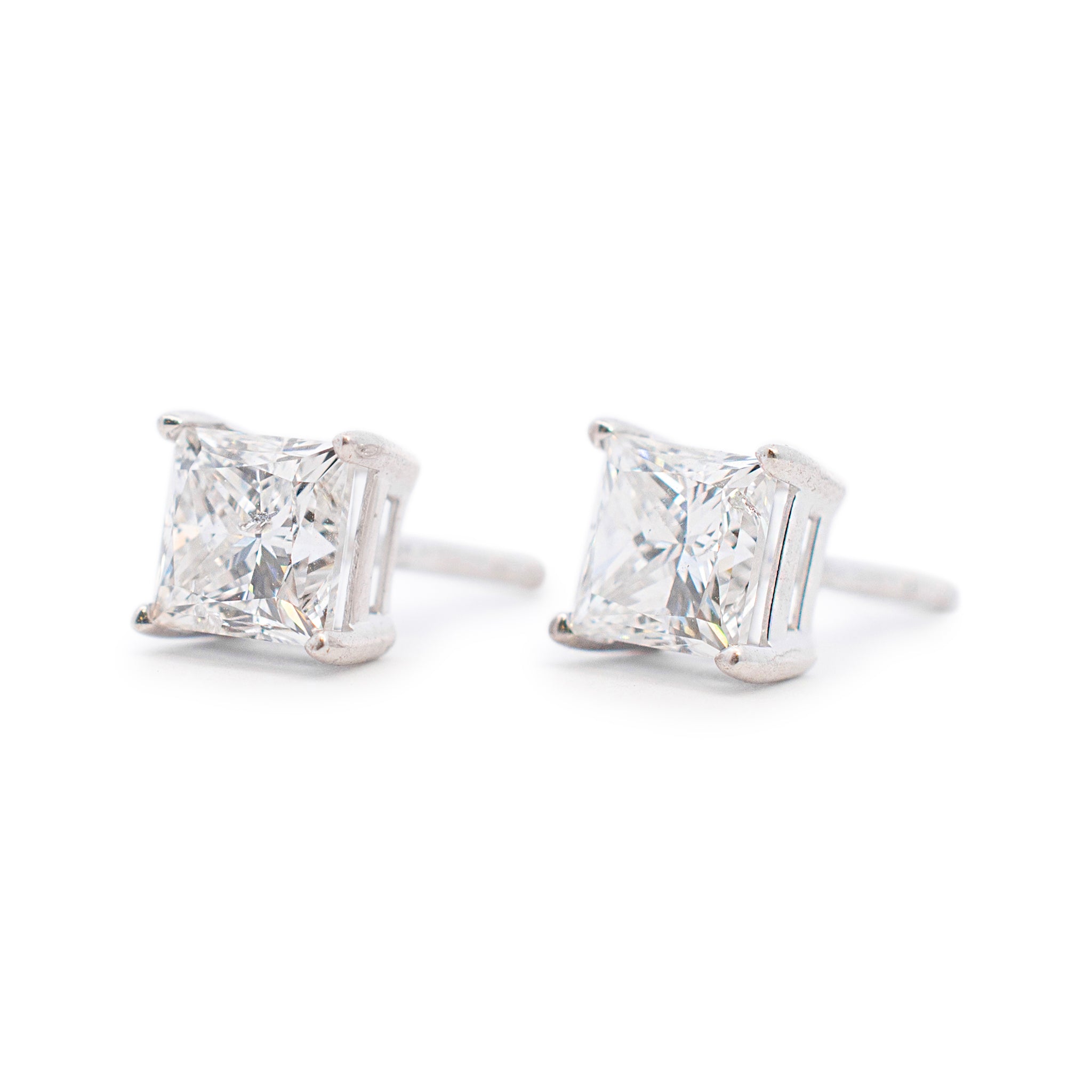 Ladies 18K White Gold 2.01ct. Princess Cut Diamond Stud Earrings