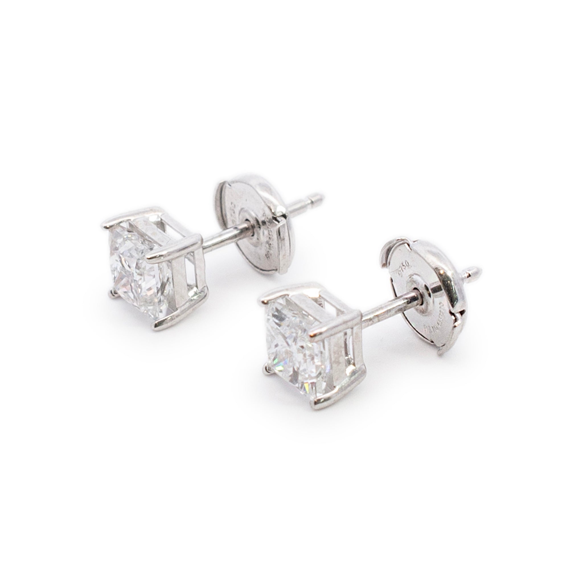 Ladies 18K White Gold 2.01ct. Princess Cut Diamond Stud Earrings