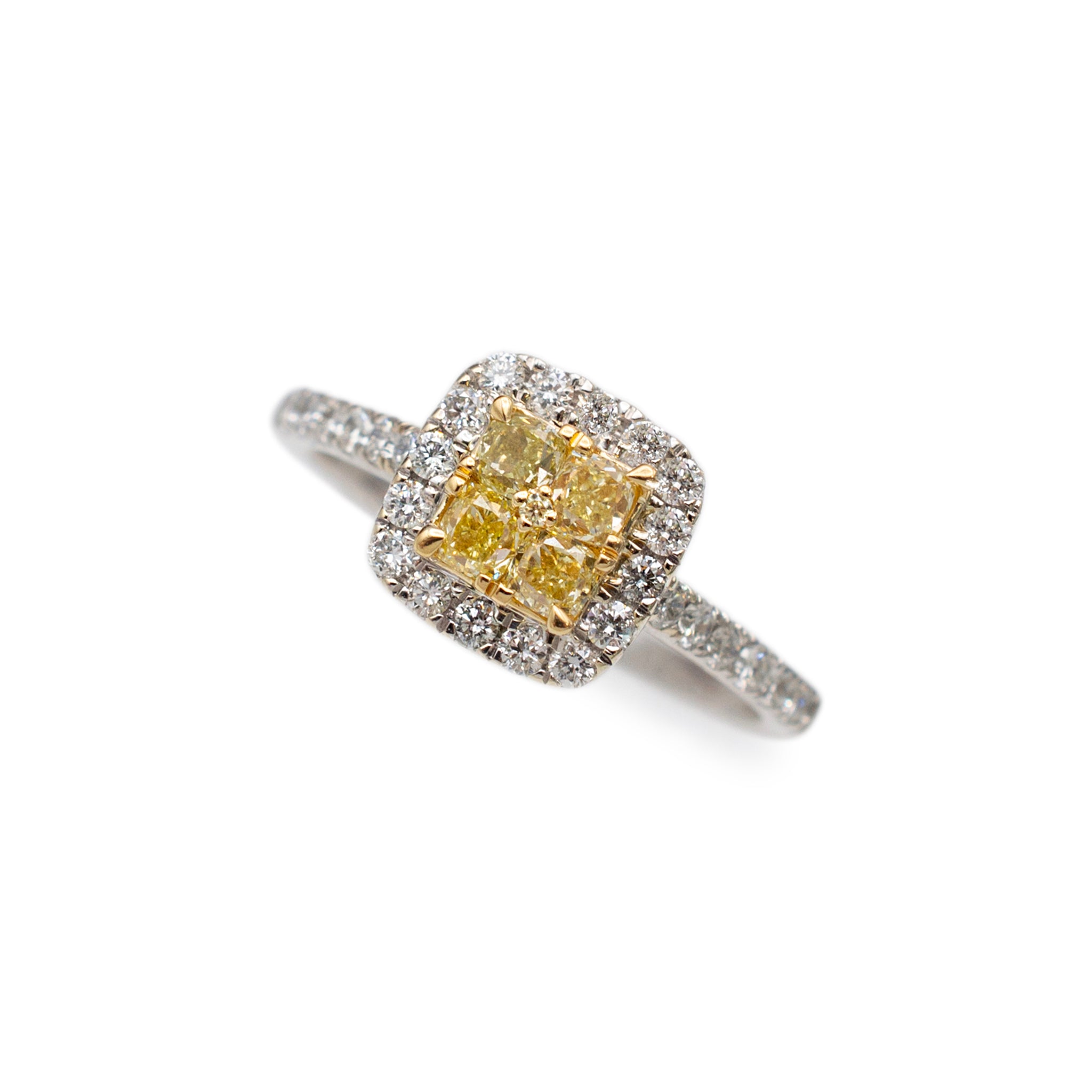 Ladies 14K White Gold Fancy Light Yellow Cushion Halo Diamond Engagement Ring