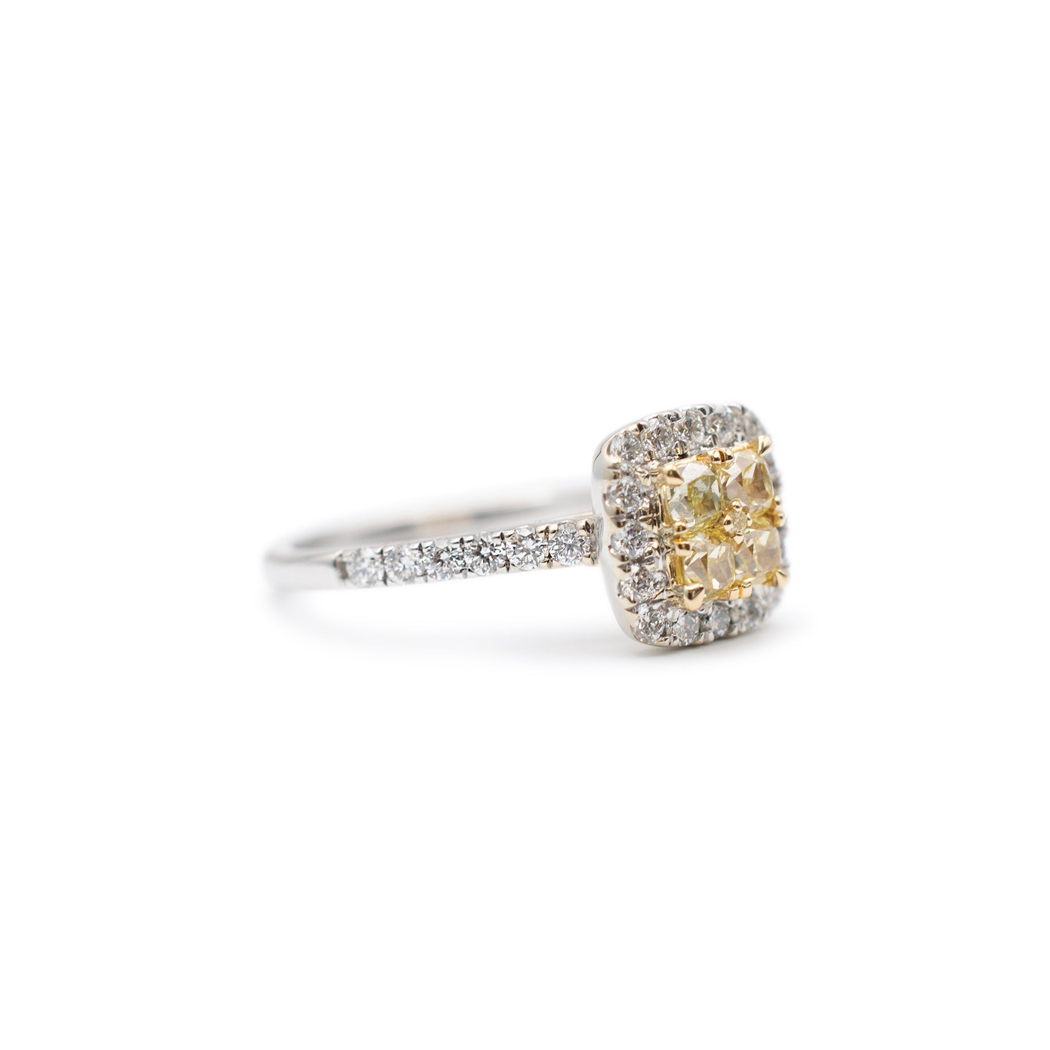 Ladies 14K White Gold Fancy Light Yellow Cushion Halo Diamond Engagement Ring