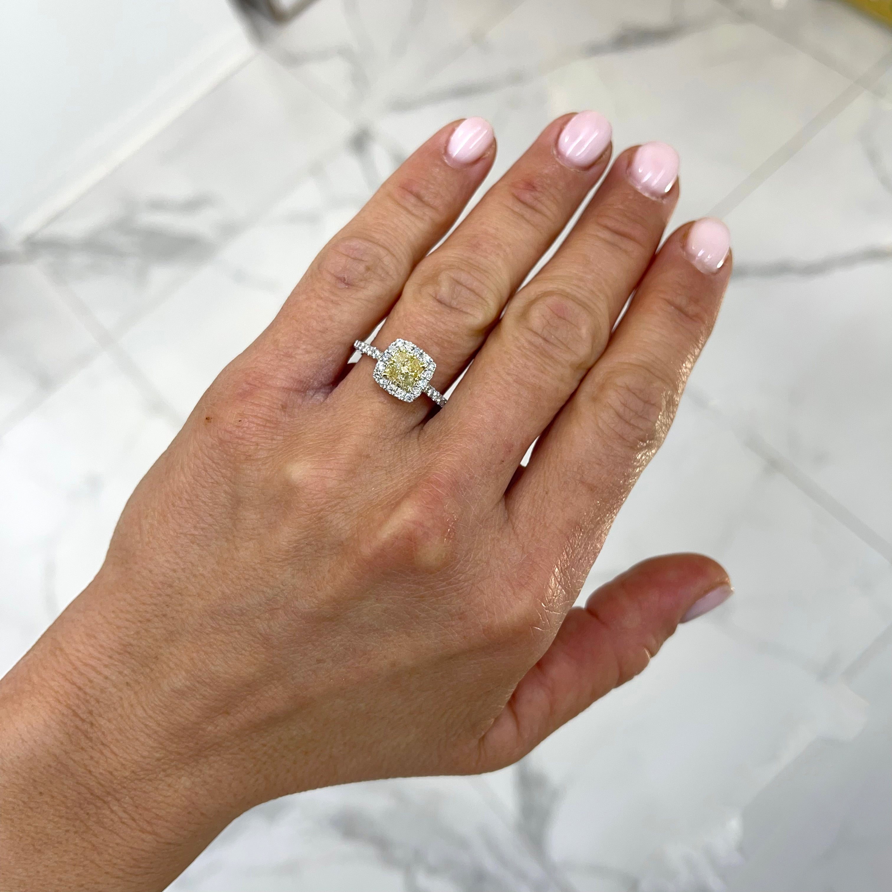 Ladies 14K White Gold Fancy Light Yellow Cushion Halo Diamond Engagement Ring