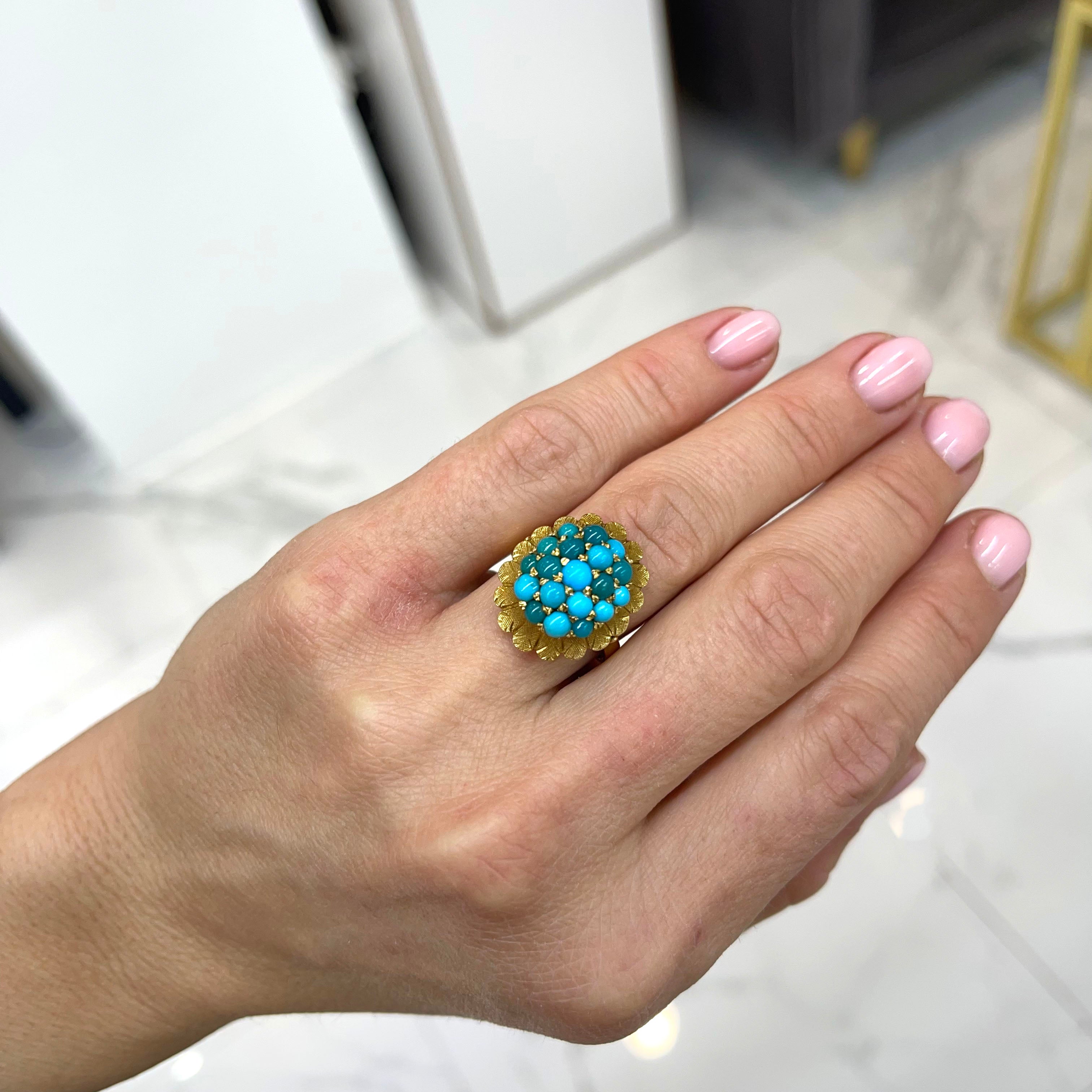 Ladies Vintage 18K Yellow Gold Multi Color Turquoise Oval Shaped Cocktail Ring