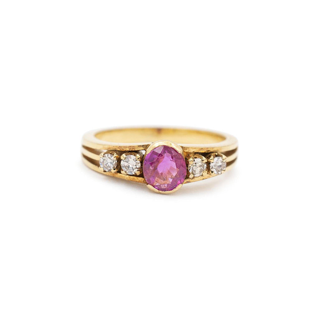 Vintage Ladies 18K Yellow Gold Pink Sapphire Diamond Cocktail Ring