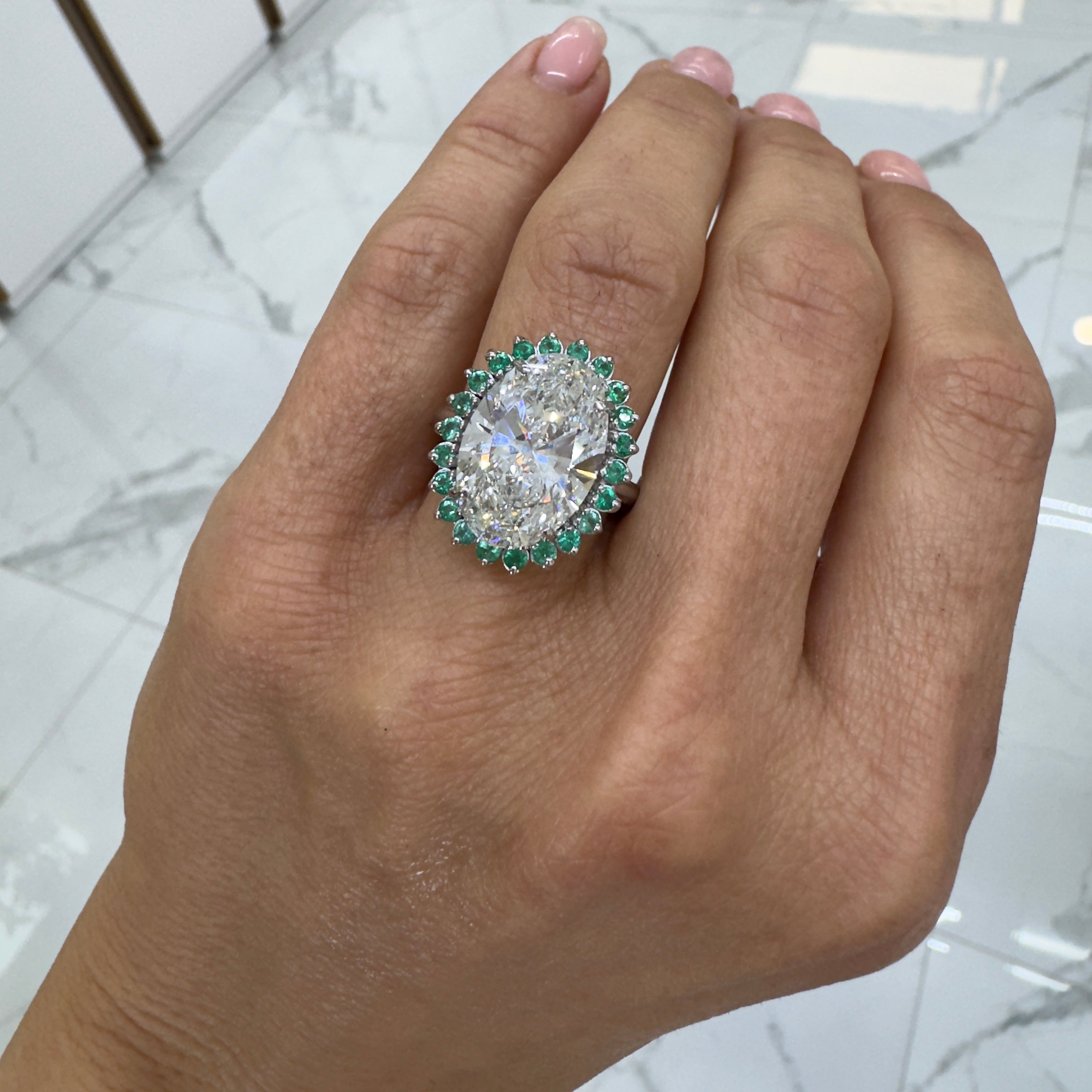 14K White Gold Lab Grown Oval 7.57ct H VS2 Diamond Halo Emerald Engagement Ring