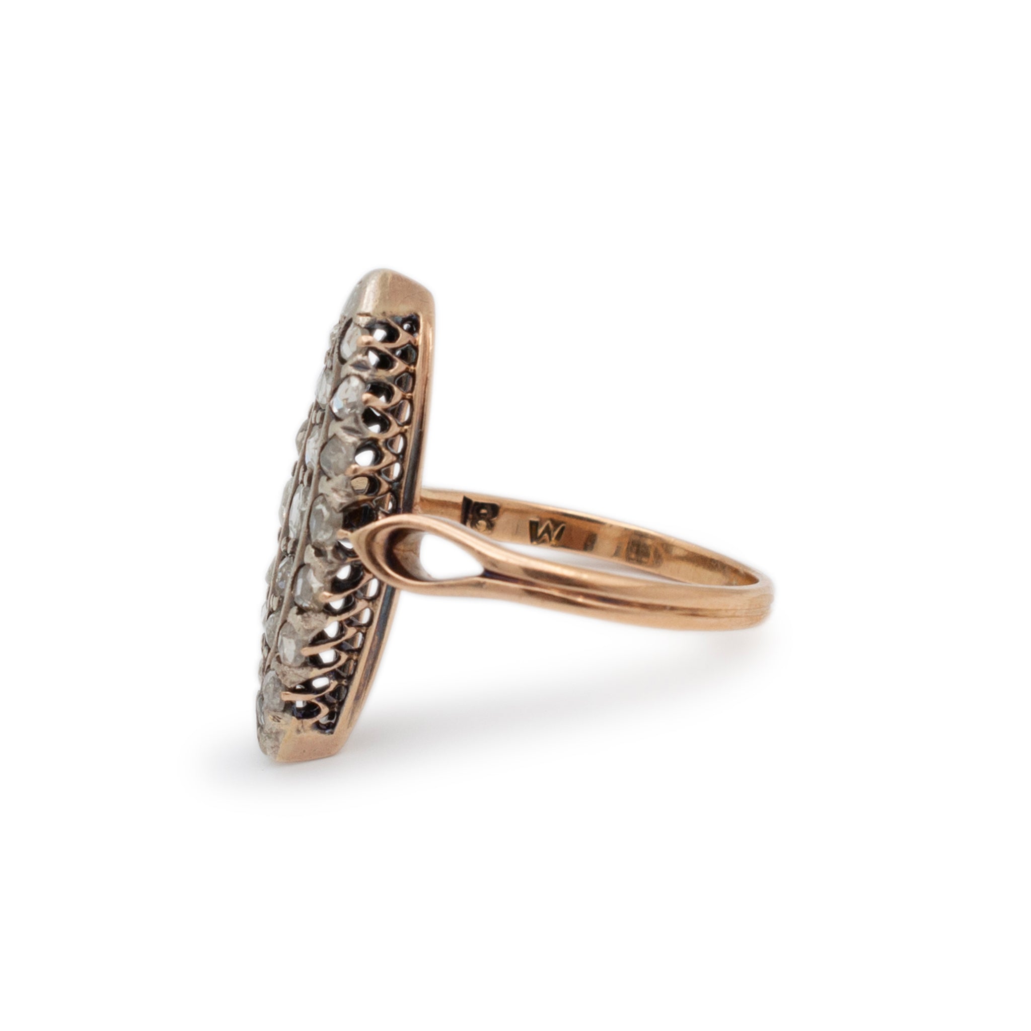 Antique Victorian 18K Yellow Gold Marquee Head Rose Cut Diamond Cocktail Navette Ring