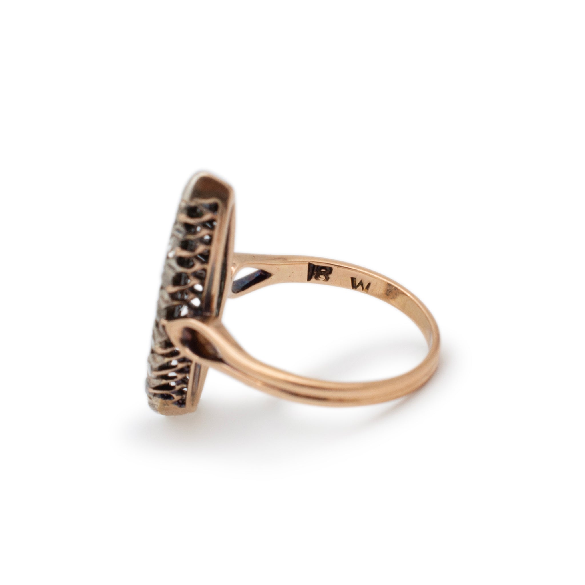 Antique Victorian 18K Yellow Gold Marquee Head Rose Cut Diamond Cocktail Navette Ring