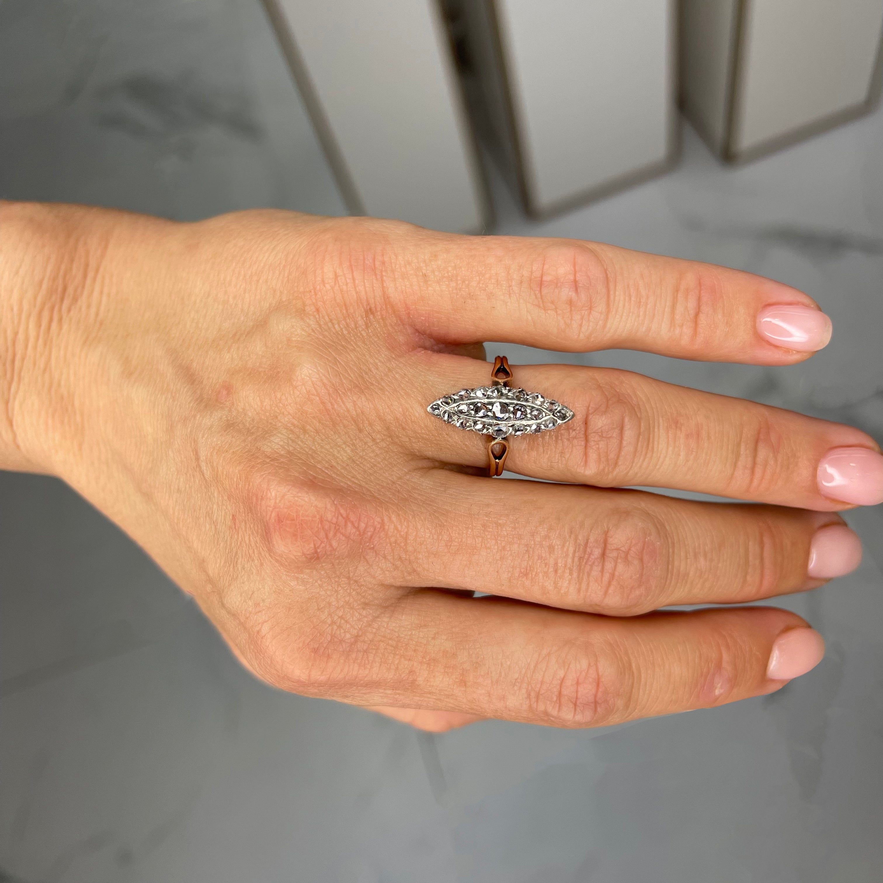 Antique Victorian 18K Yellow Gold Marquee Head Rose Cut Diamond Cocktail Navette Ring