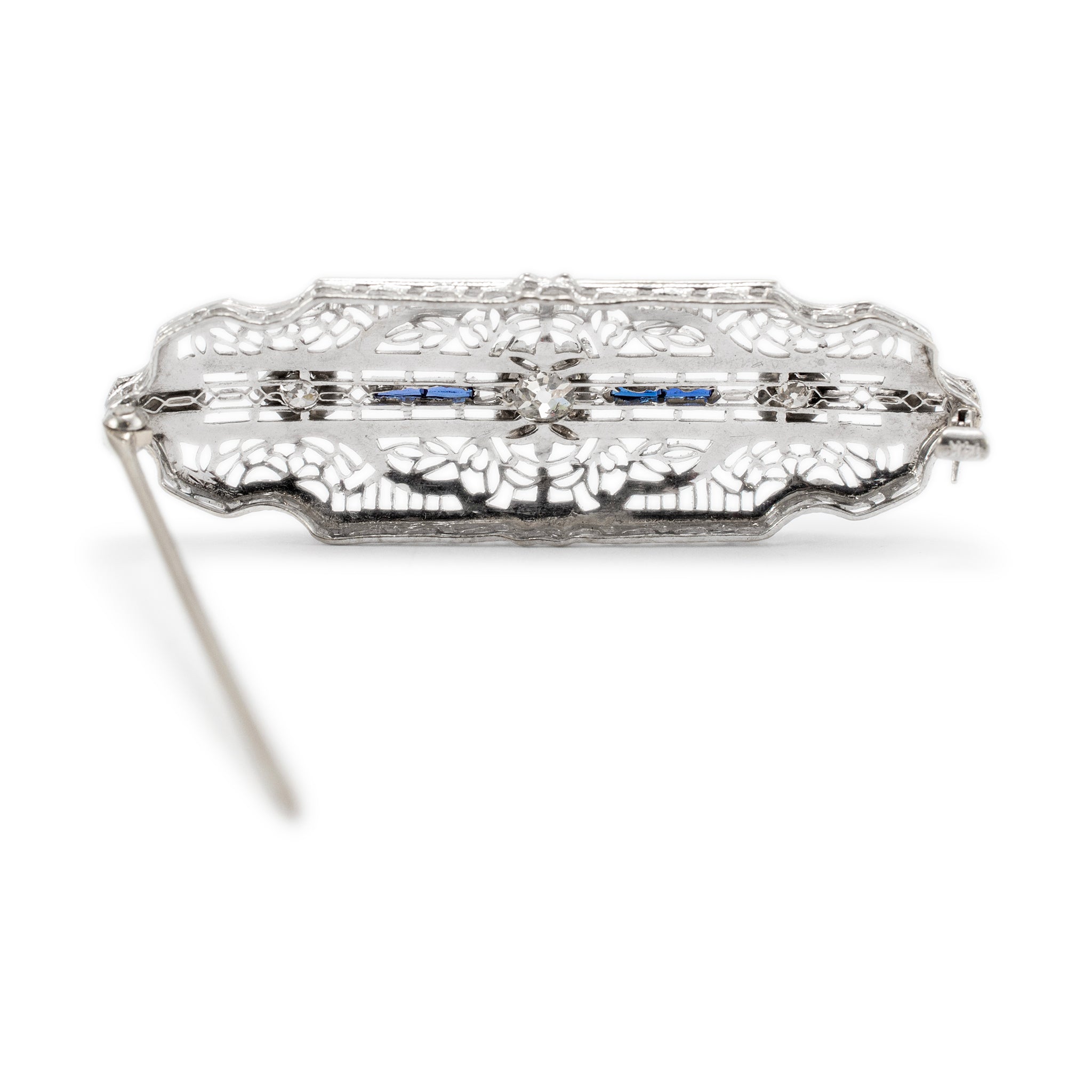 Antique Art Deco 14K White Gold Filigreed Old Cut Diamond & Sapphire Brooch