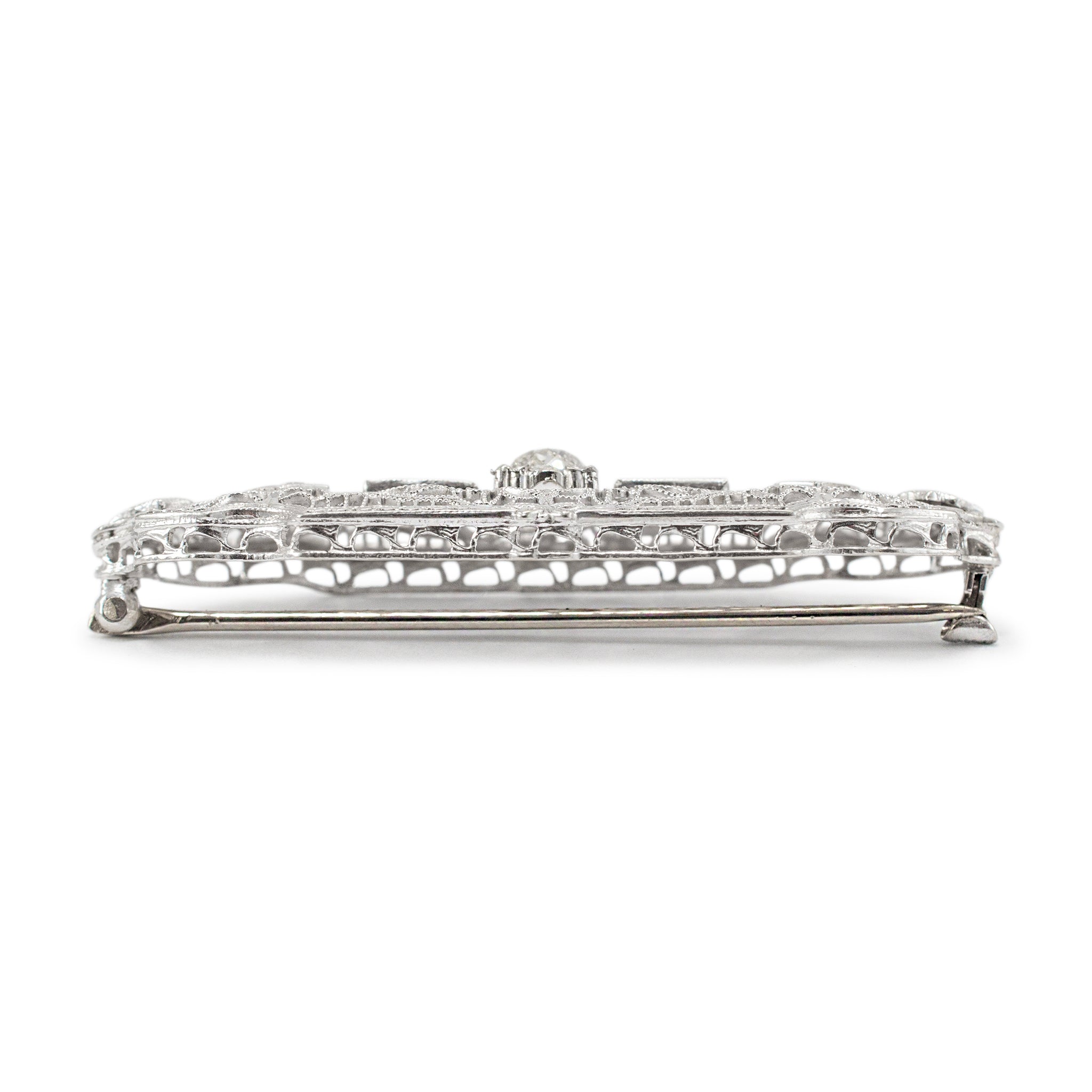 Antique Art Deco 14K White Gold Filigreed Old Cut Diamond & Sapphire Brooch