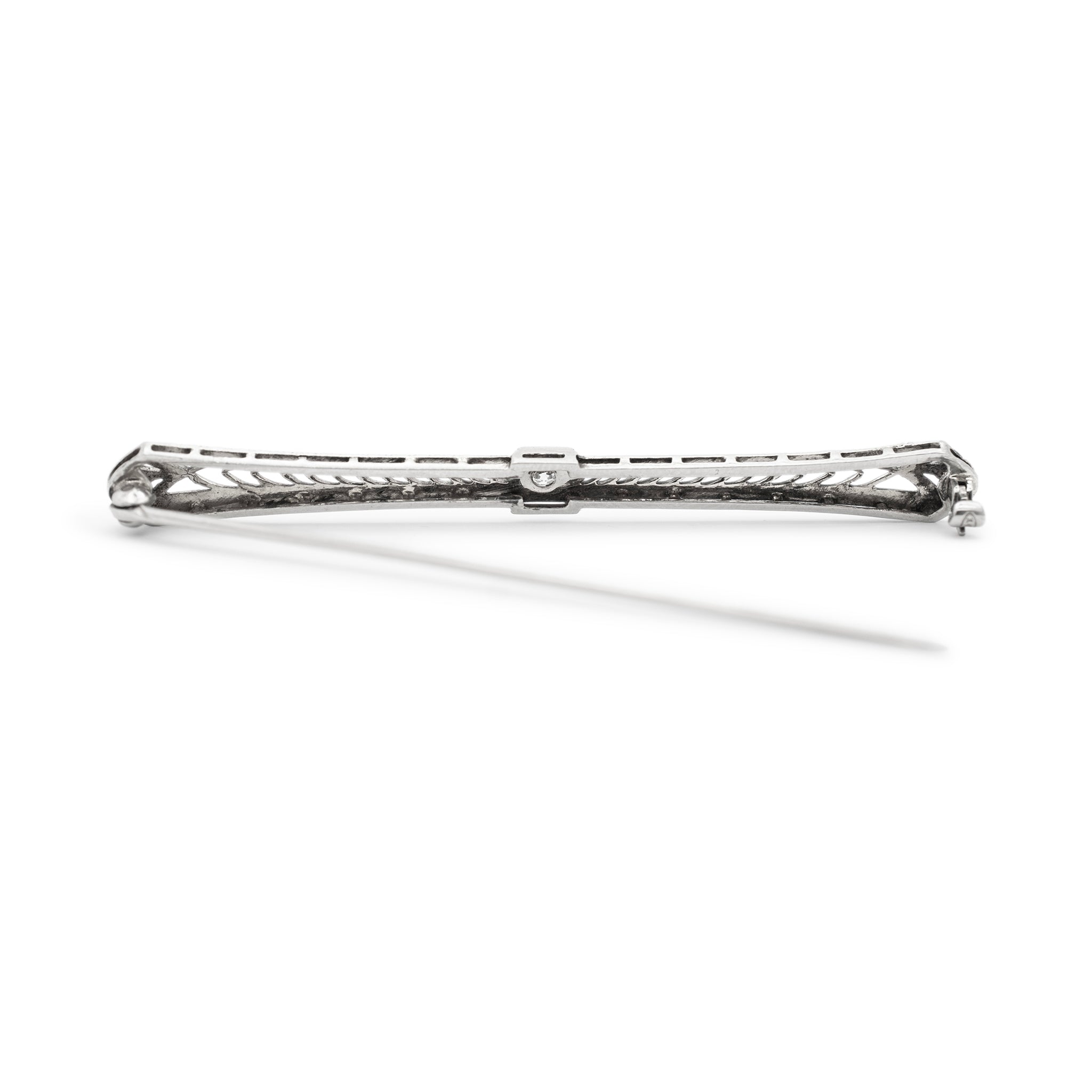 Art Deco 14K White Gold & Platinum Blue Enamel Old European Diamond Bar Brooch
