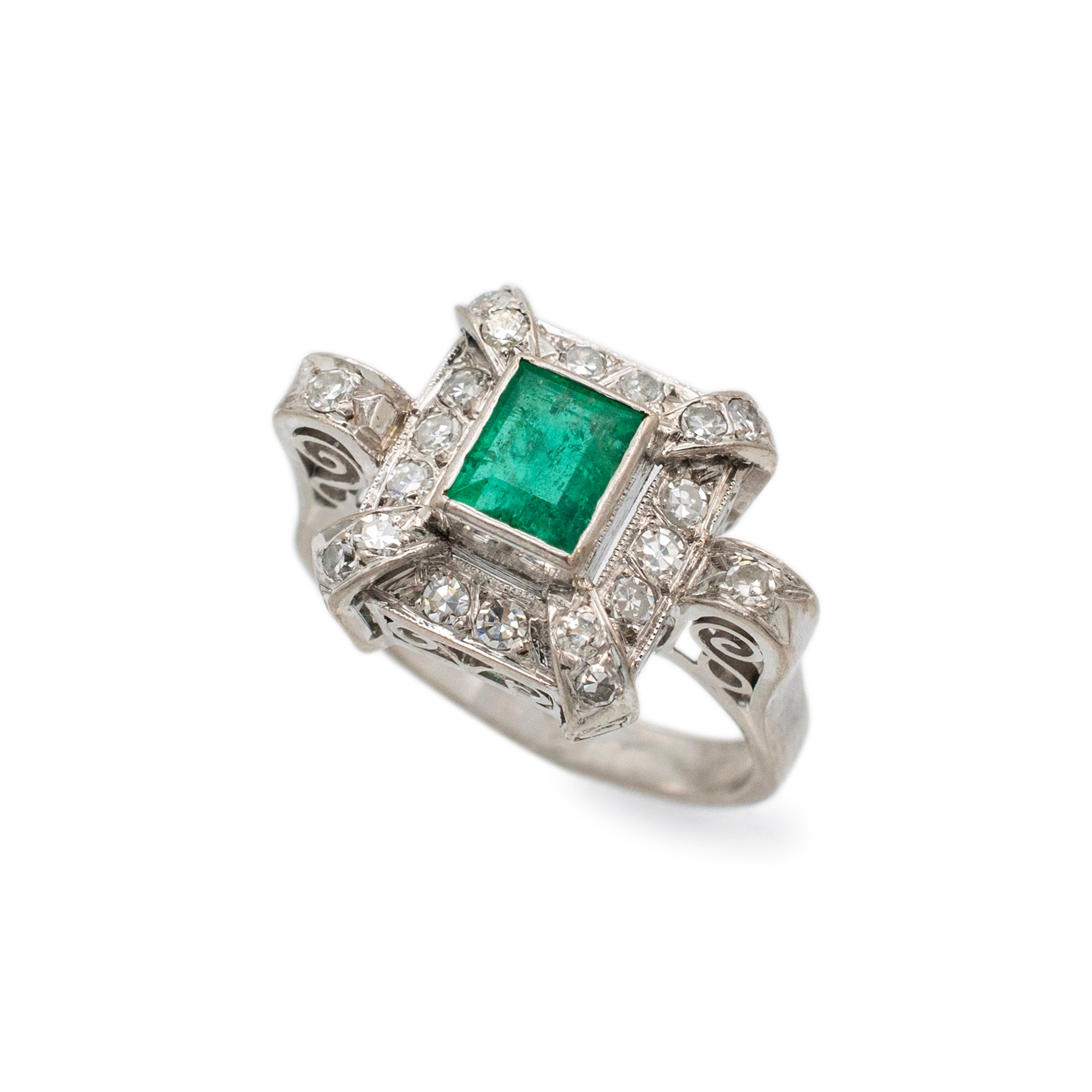 Antique Mixed Metals Gold Silver Palladium Emerald Halo Diamond Cocktail Ring