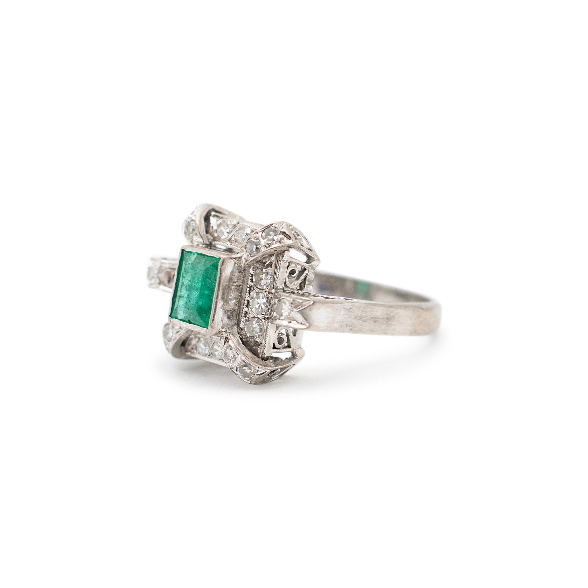 Antique Mixed Metals Gold Silver Palladium Emerald Halo Diamond Cocktail Ring