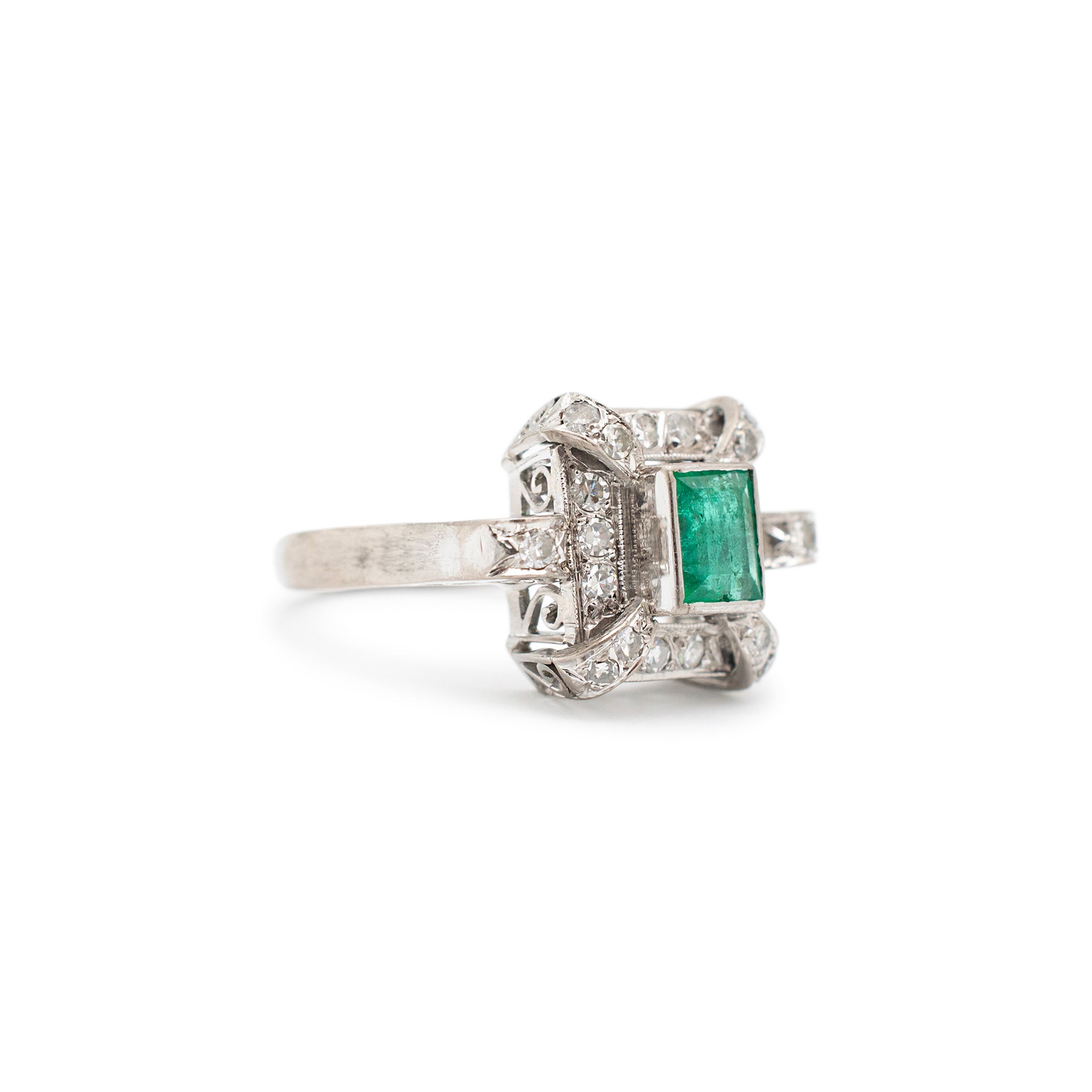 Antique Mixed Metals Gold Silver Palladium Emerald Halo Diamond Cocktail Ring