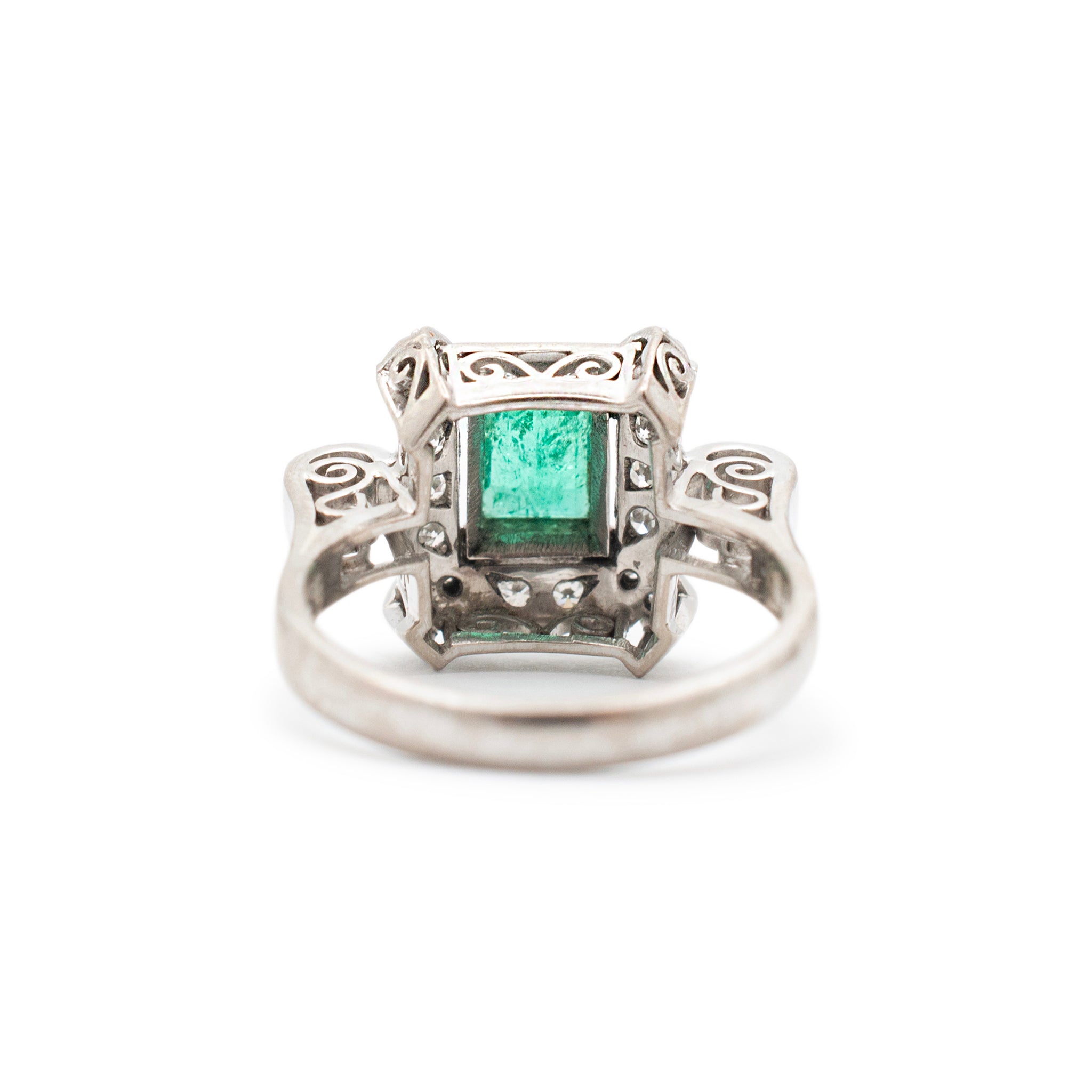 Antique Mixed Metals Gold Silver Palladium Emerald Halo Diamond Cocktail Ring