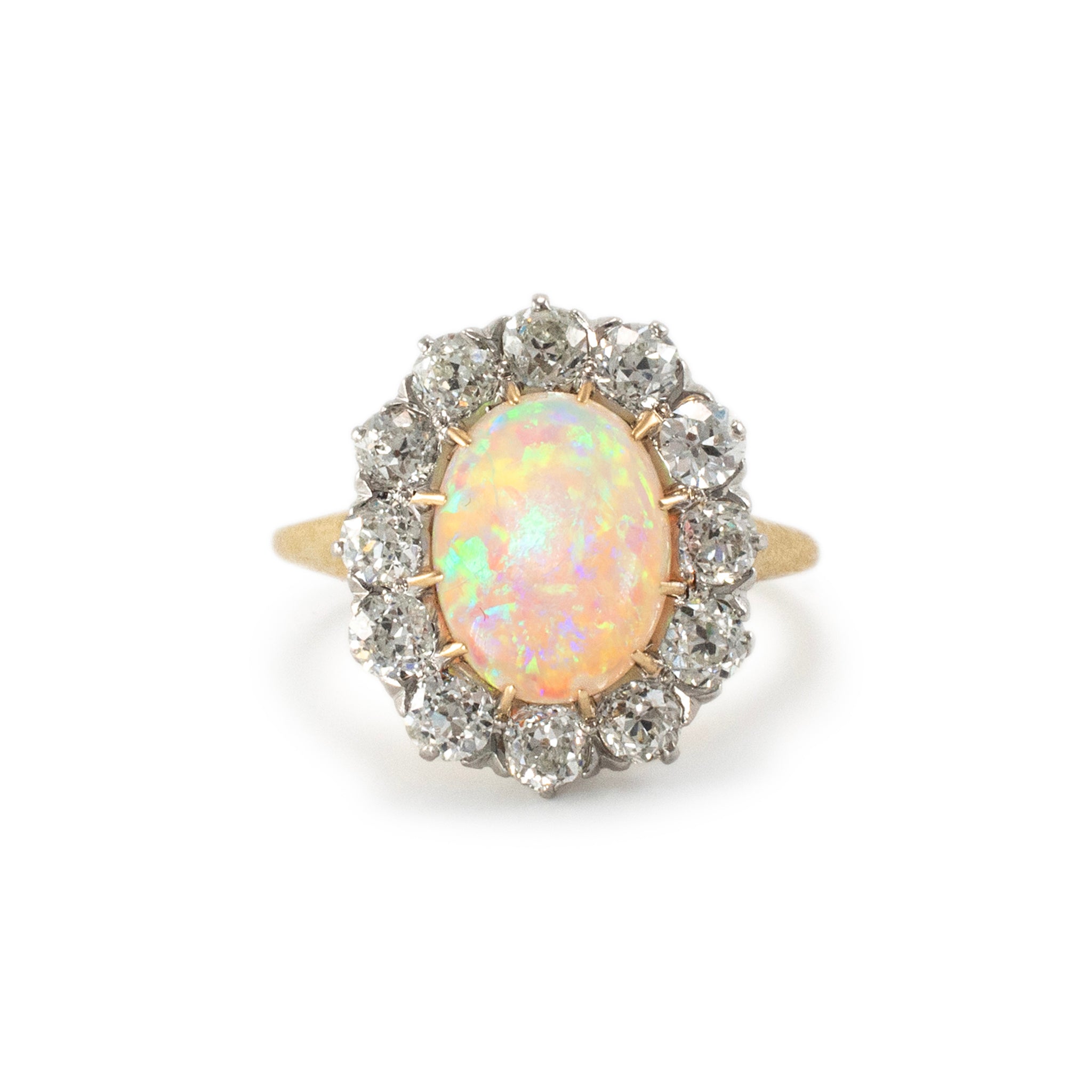 Antique 18K Yellow Gold & Platinum GIA Opal Old Miner Cut Diamond Cocktail Ring