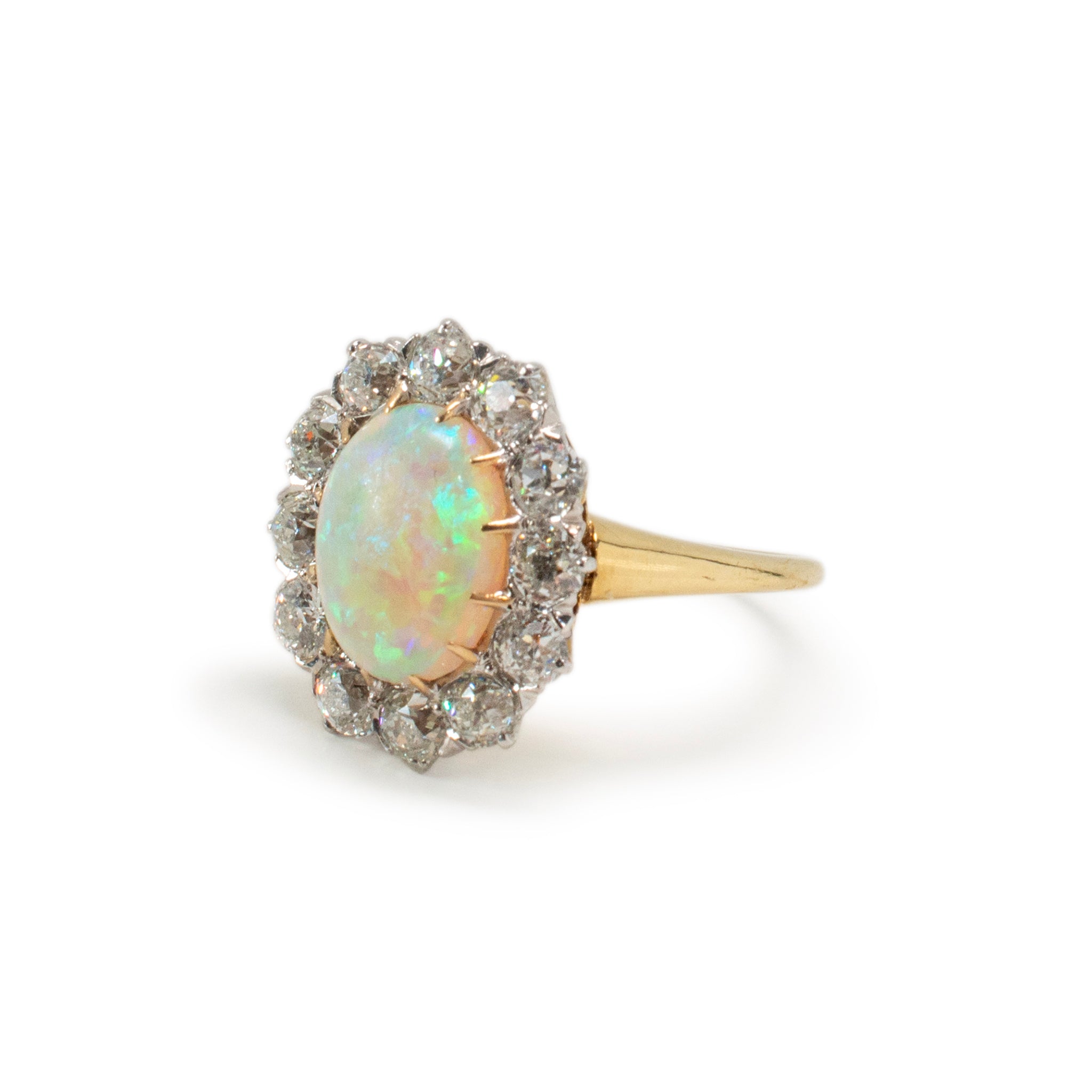 Antique 18K Yellow Gold & Platinum GIA Opal Old Miner Cut Diamond Cocktail Ring