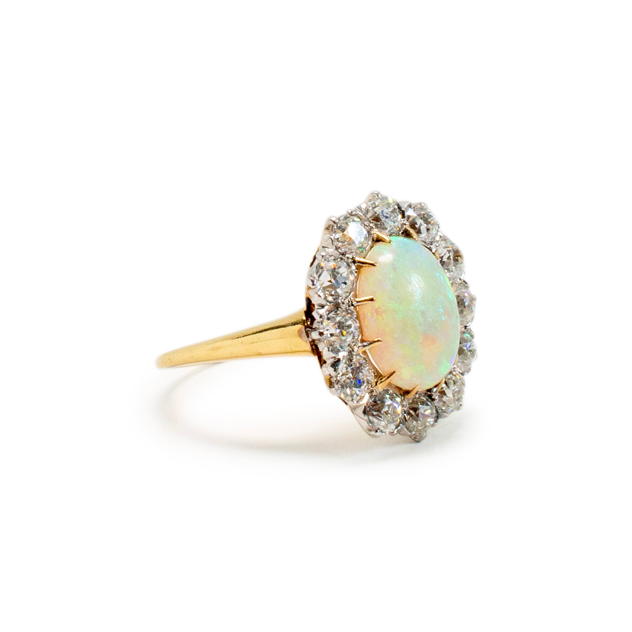 Antique 18K Yellow Gold & Platinum GIA Opal Old Miner Cut Diamond Cocktail Ring