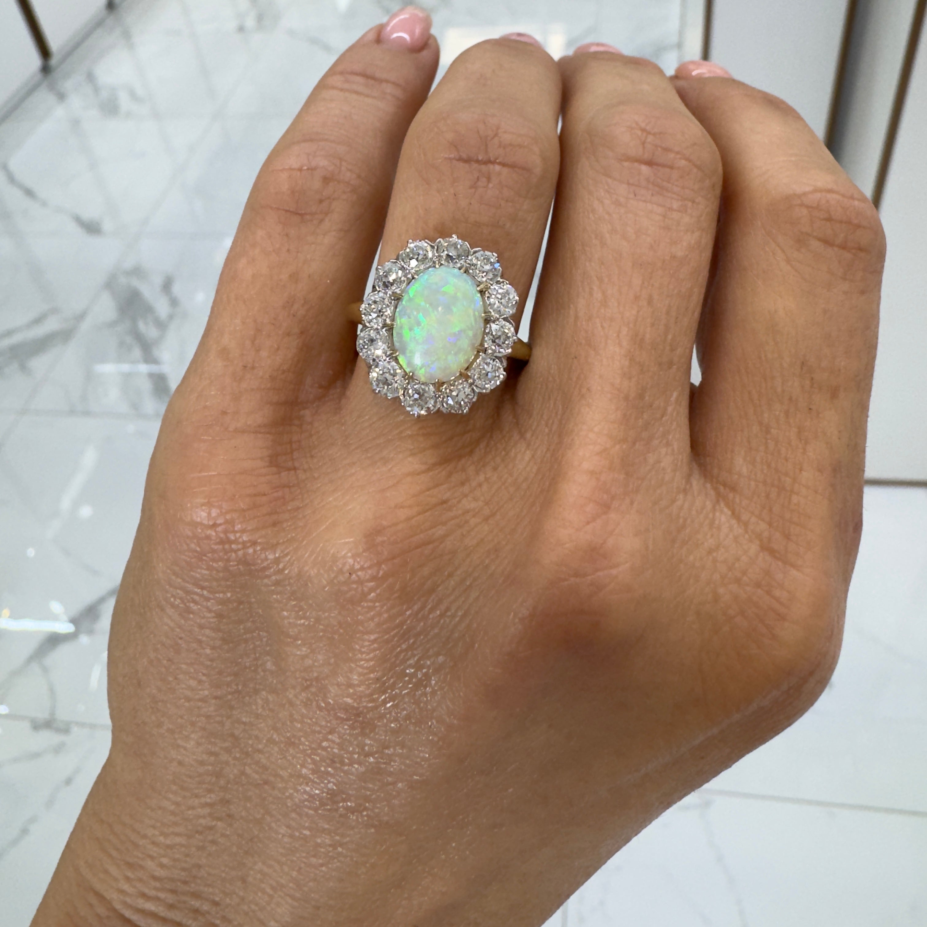 Antique 18K Yellow Gold & Platinum GIA Opal Old Miner Cut Diamond Cocktail Ring