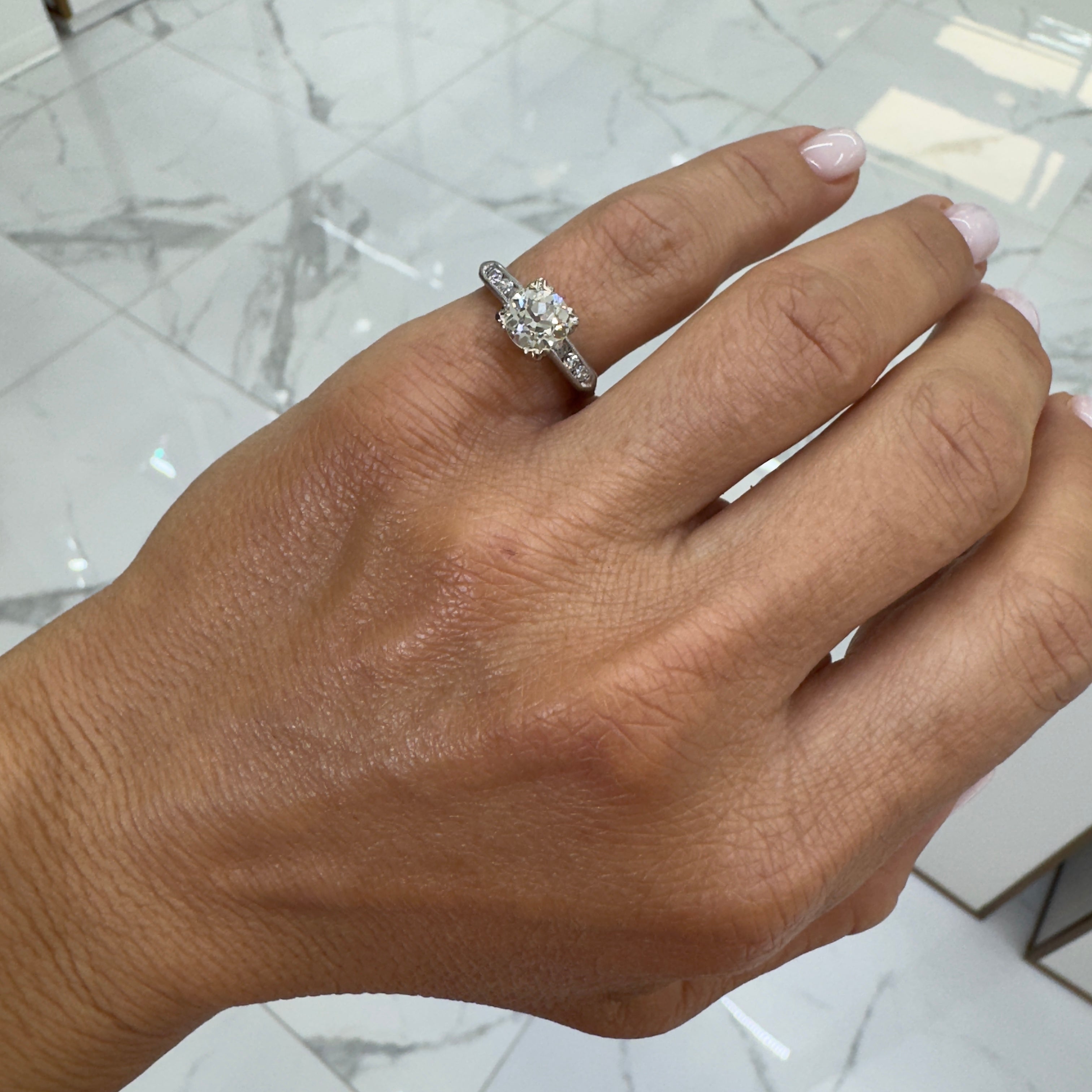 Antique Platinum Old European Accented Diamond Engagement Ring